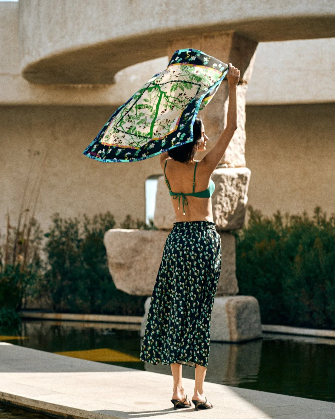 "Beach Blossom" Satin Midi Skirt -Black - Image 6