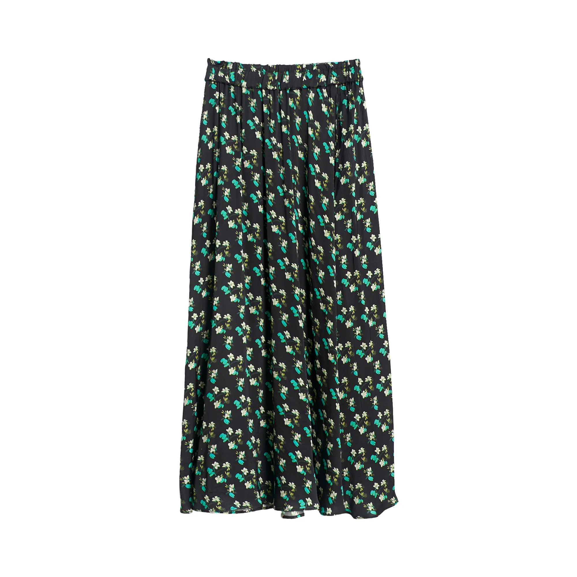 "Beach Blossom" Satin Midi Skirt -Black - Image 9