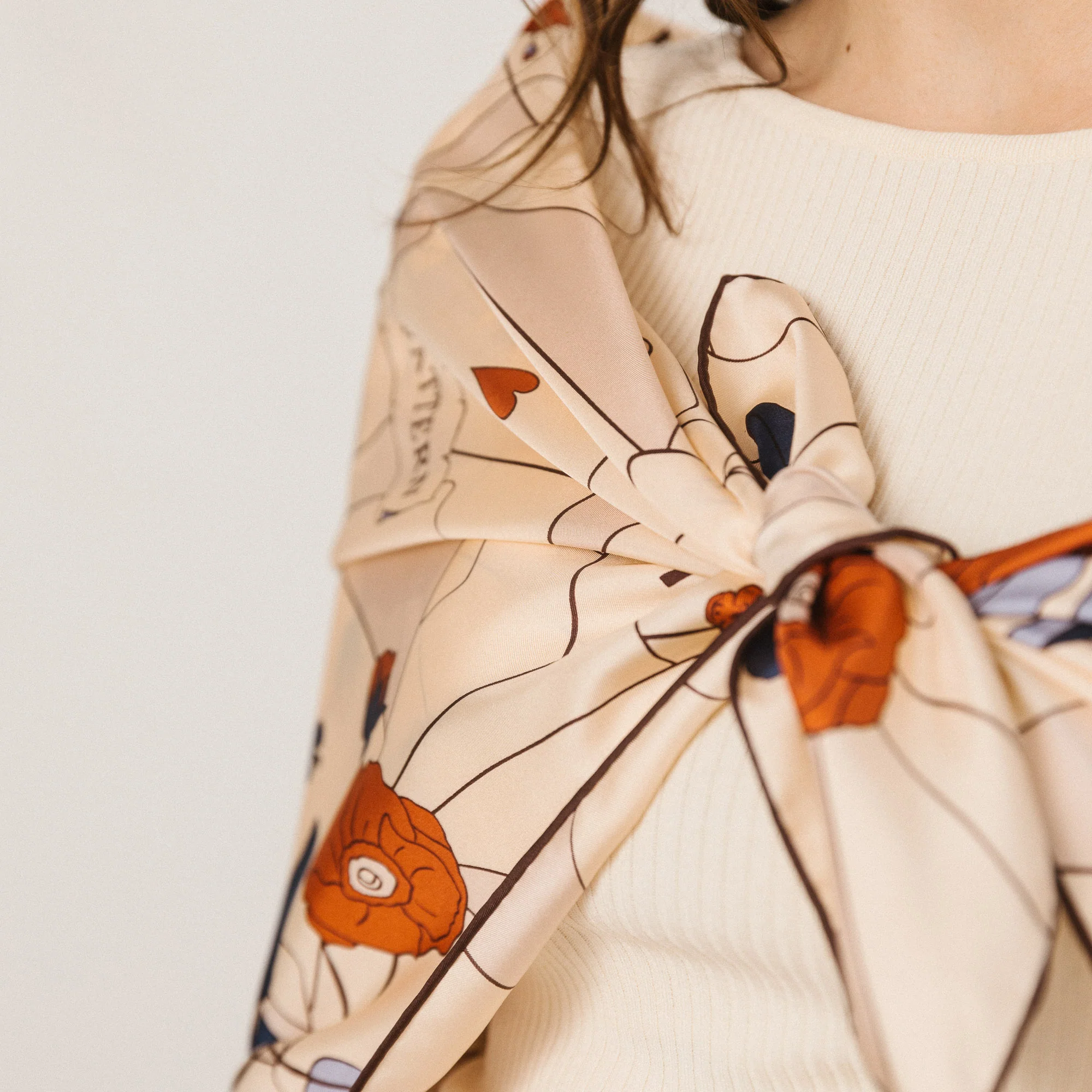 "Camellia" Large Silk Square Scarf - Khaki - Image 3