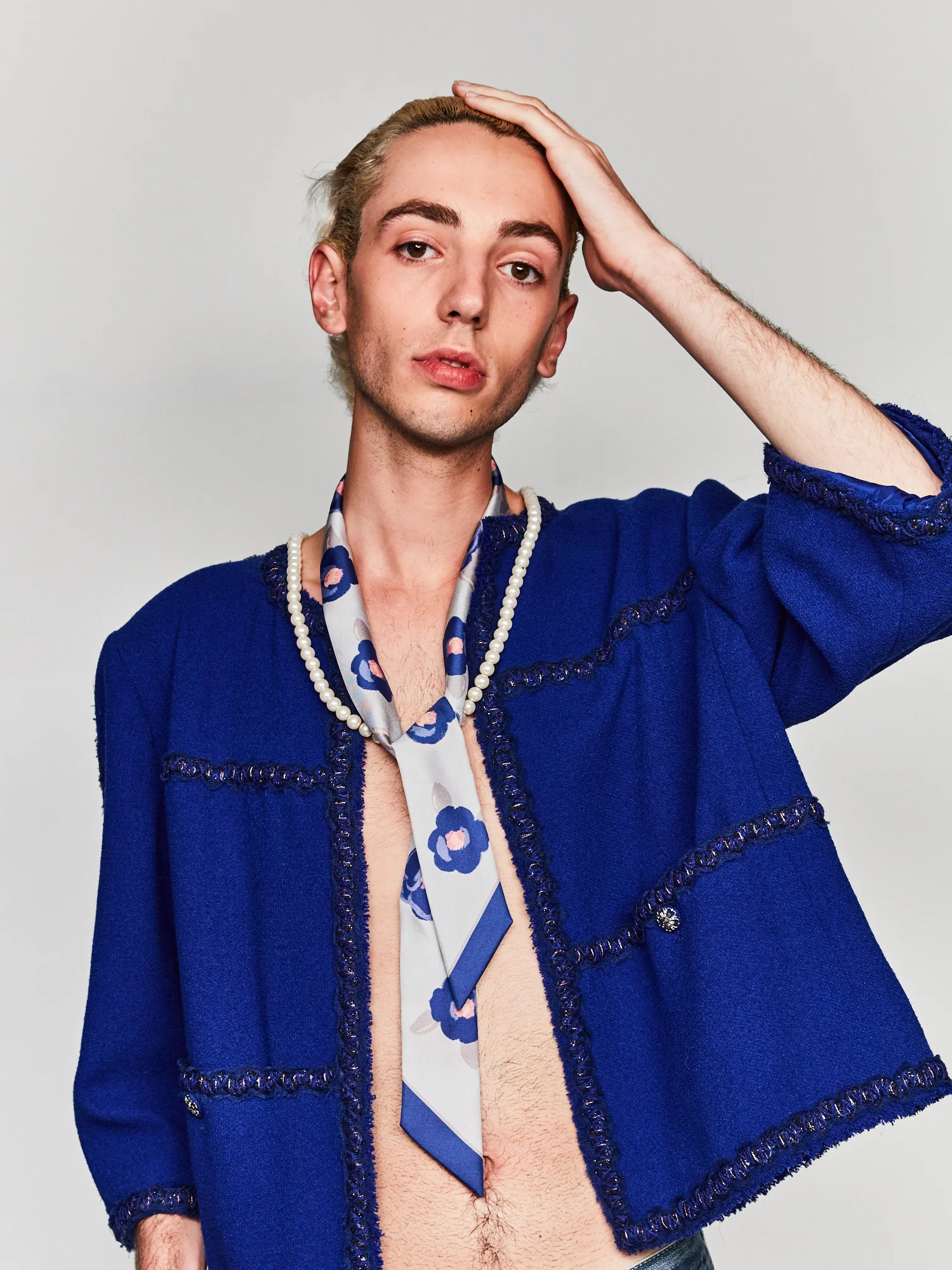 "Camellia" Silk Twill Skinny Scarf - Blue - Image 4