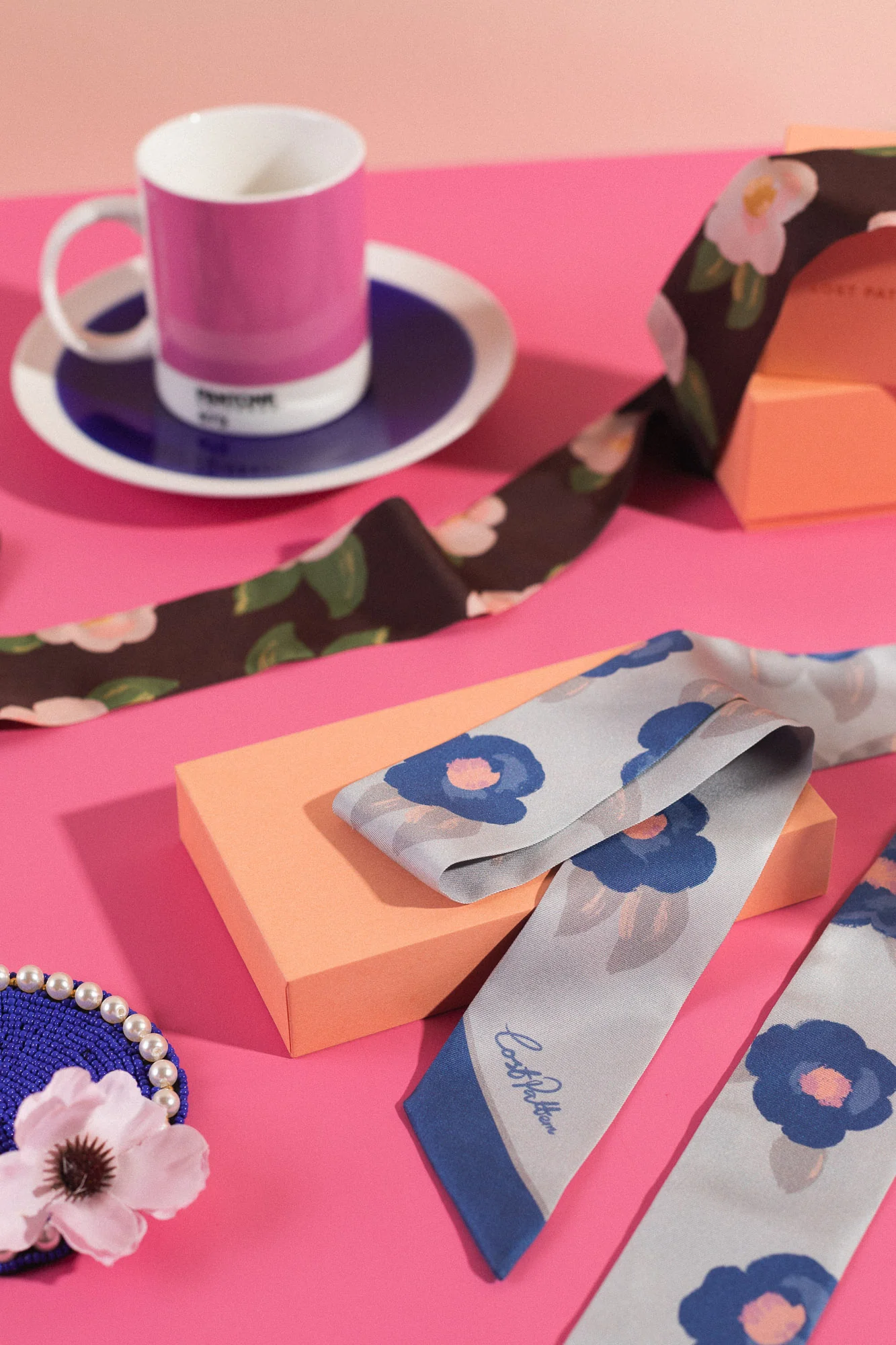 "Camellia" Silk Twill Skinny Scarf - Blue - Image 5