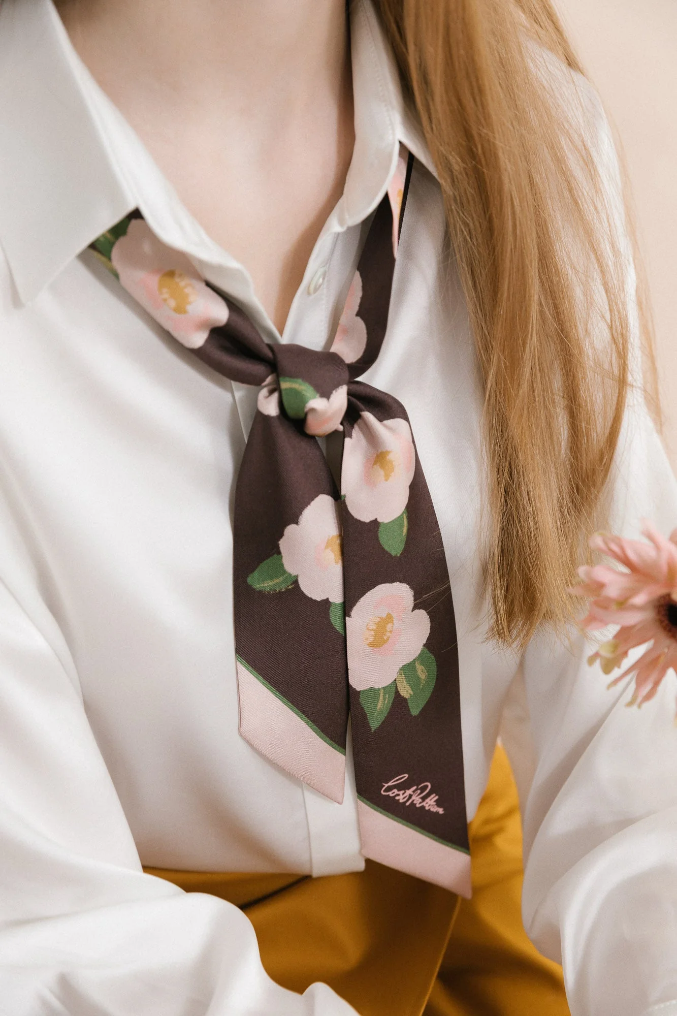 "Camellia" Silk Twill Skinny Scarf - Dark Brown - Image 3