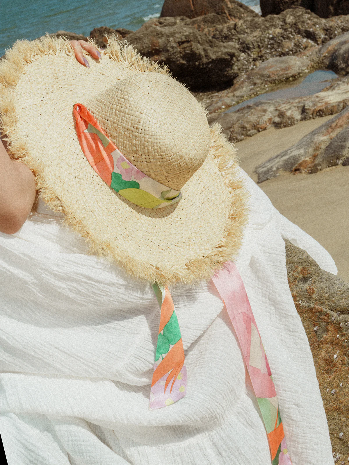 "Cartagena" Straw Hat with Ribbon Tie - Pink & Green - Image 4