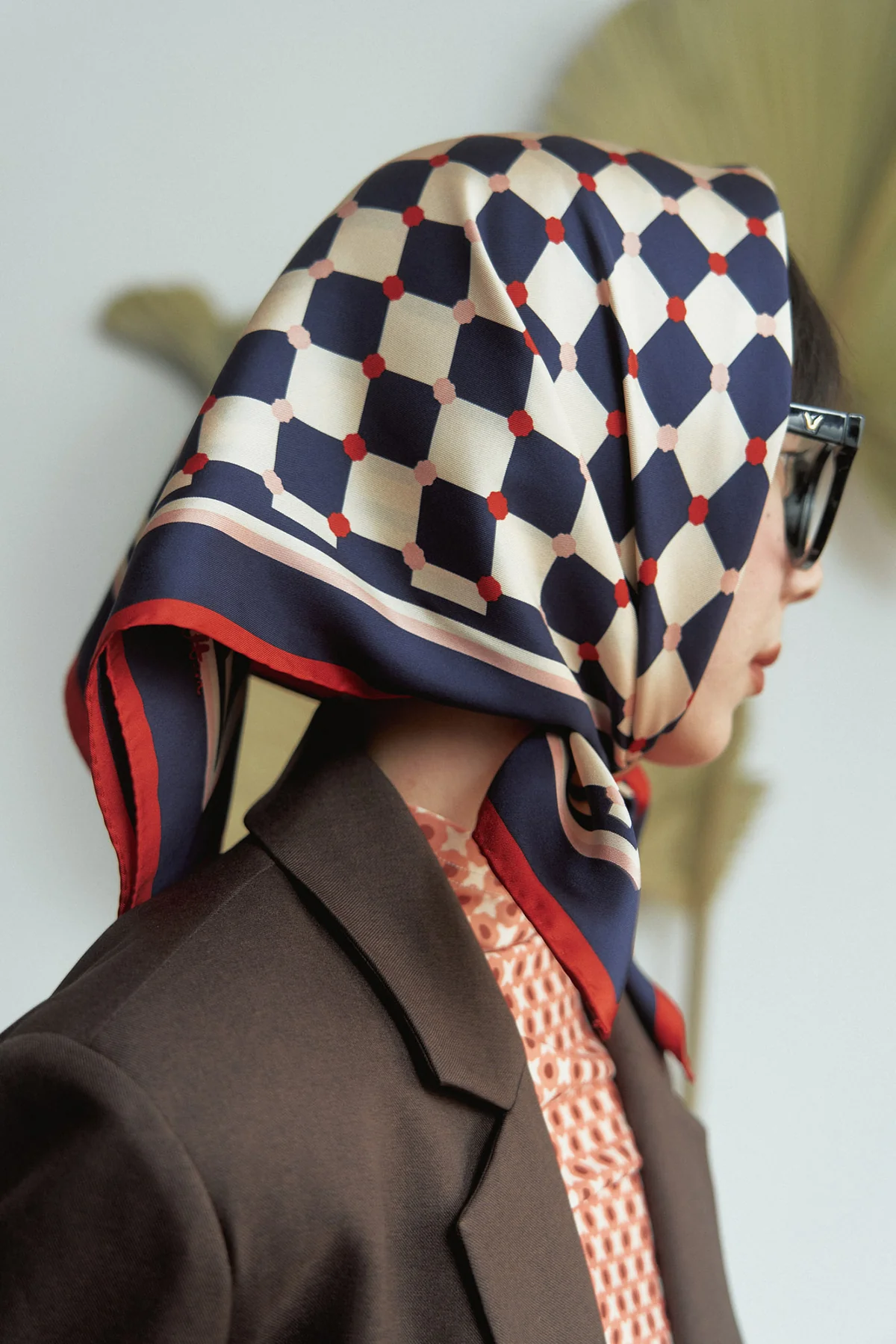 "Checkerboard" Silk  Bandana Scarf - Blue - Image 3