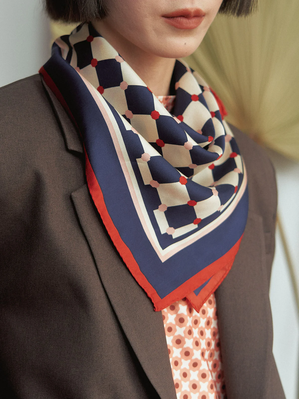 "Checkerboard" Silk  Bandana Scarf - Blue - Image 4