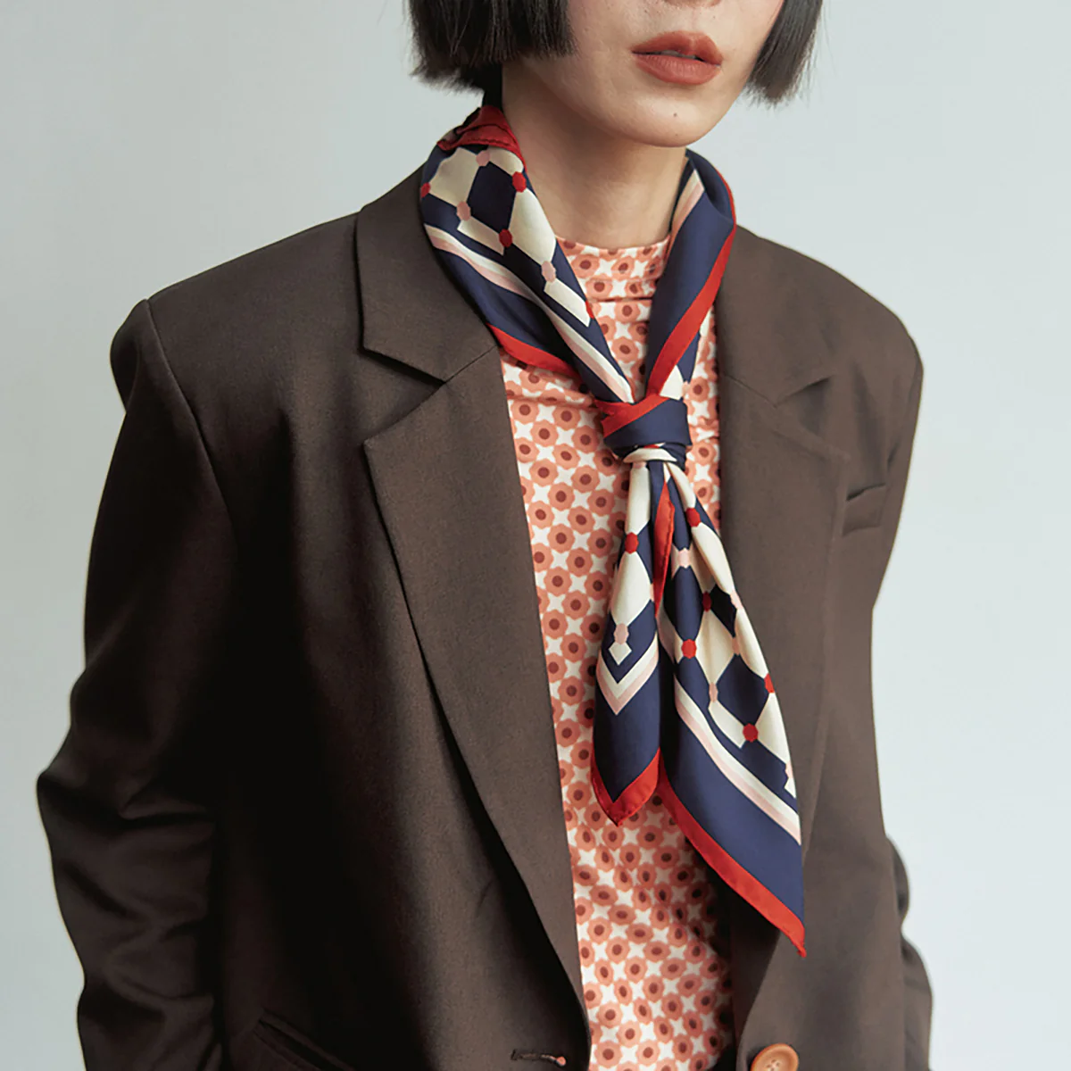 "Checkerboard" Silk  Bandana Scarf - Blue - Image 5