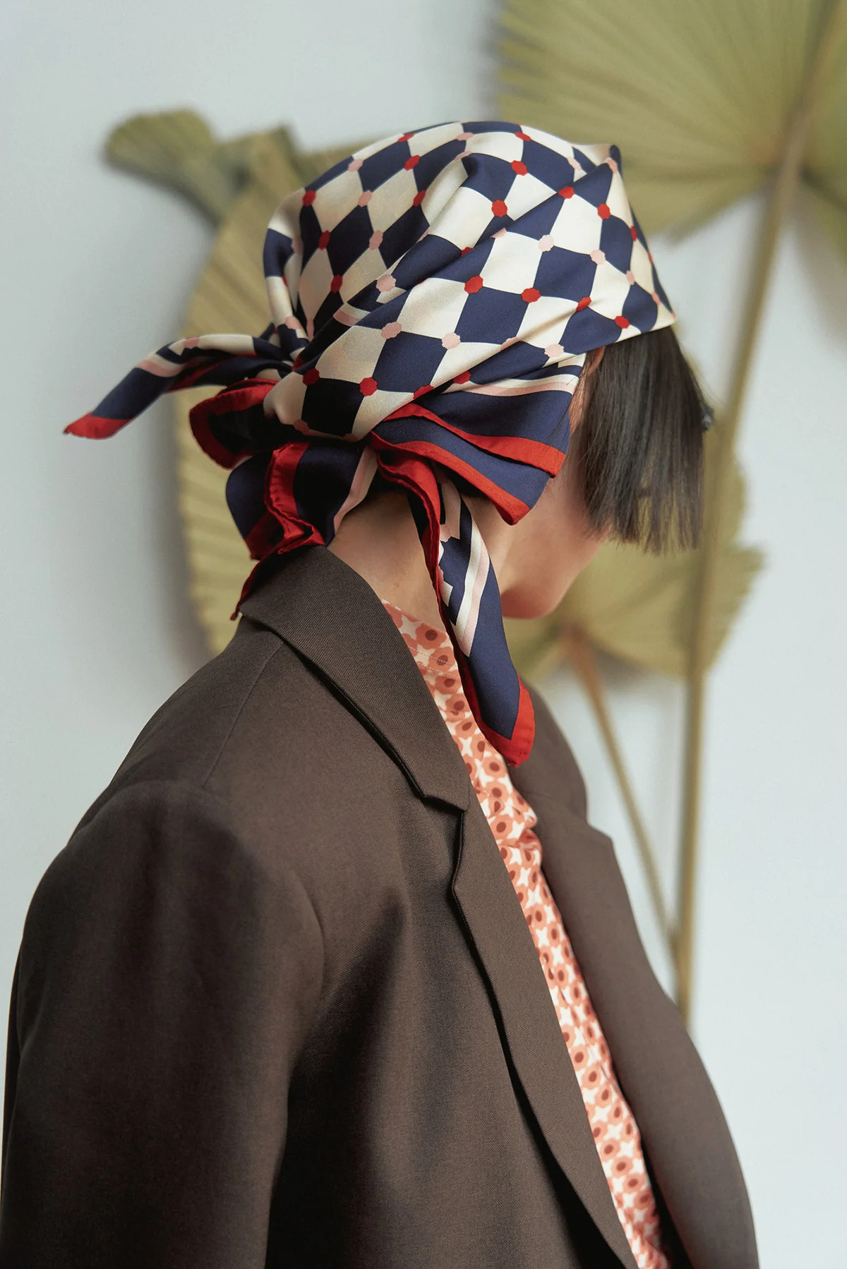 "Checkerboard" Silk  Bandana Scarf - Blue - Image 7