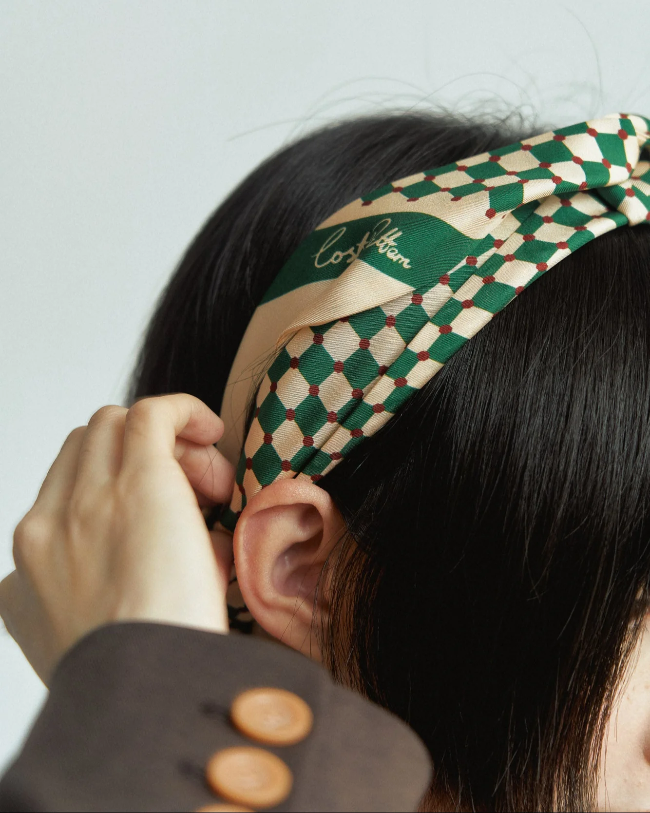 "Checkerboard" Silk Twill Skinny Scarf - Green - Image 3