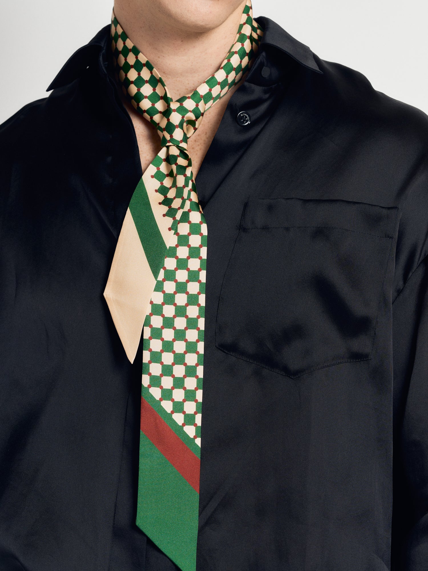 "Checkerboard" Silk Twill Skinny Scarf - Green - Image 4
