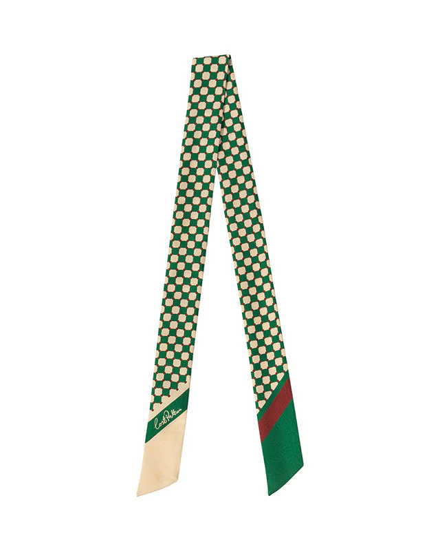 "Checkerboard" Silk Twill Skinny Scarf - Green - Image 5