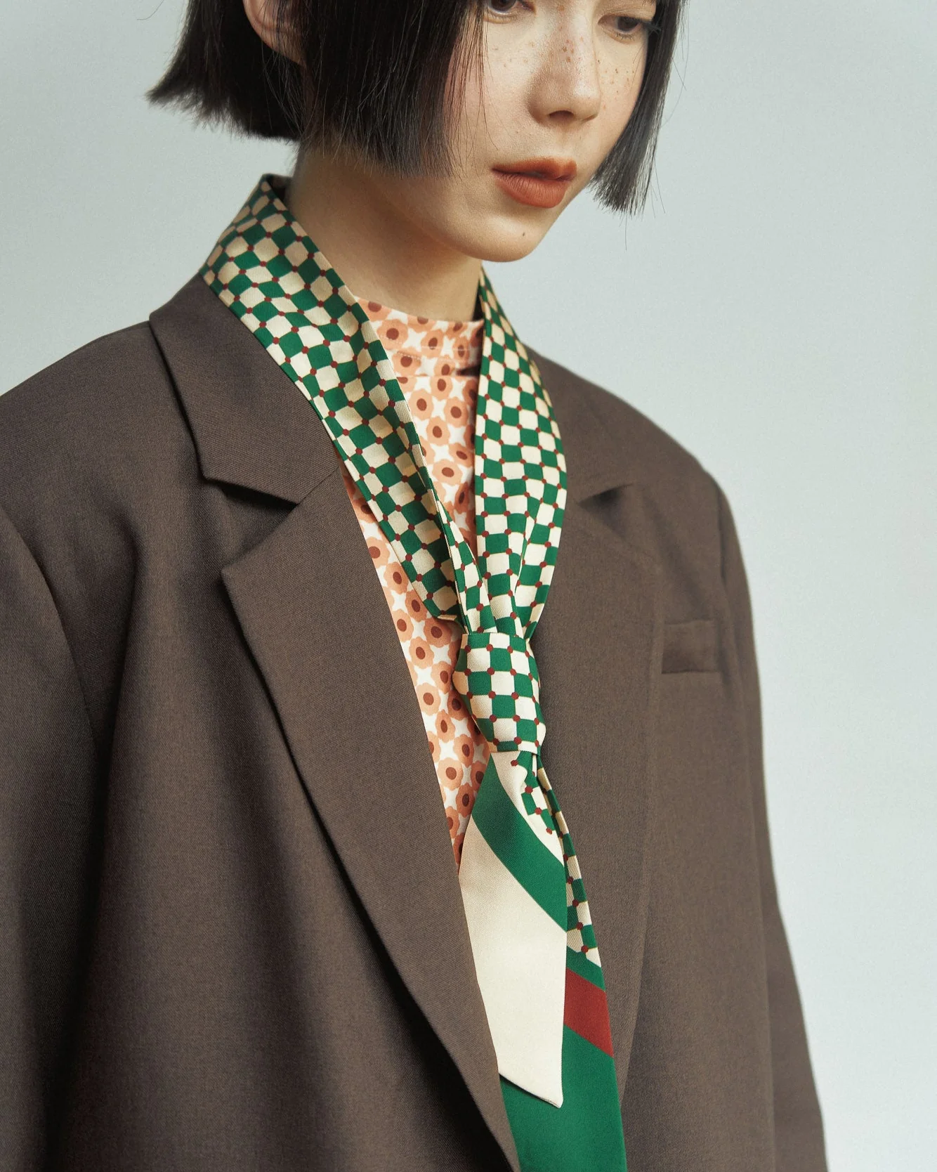 "Checkerboard" Silk Twill Skinny Scarf - Green - Image 7