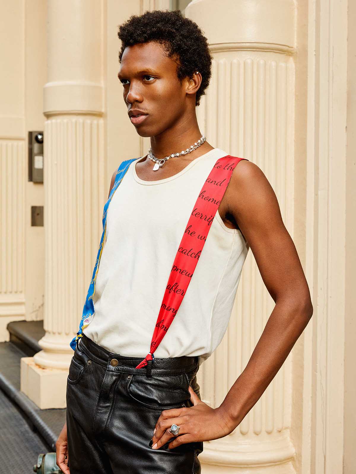 "El Amor" Silk Twill Skinny Scarf - Yellow & Blue - Image 4