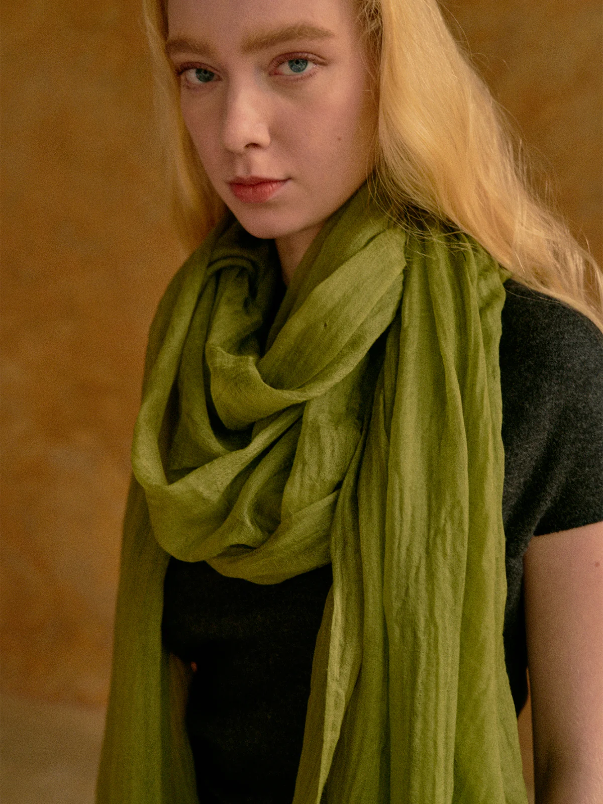 "Featherlight" Oversized Cashmere Scarf - Olive Green - Image 3