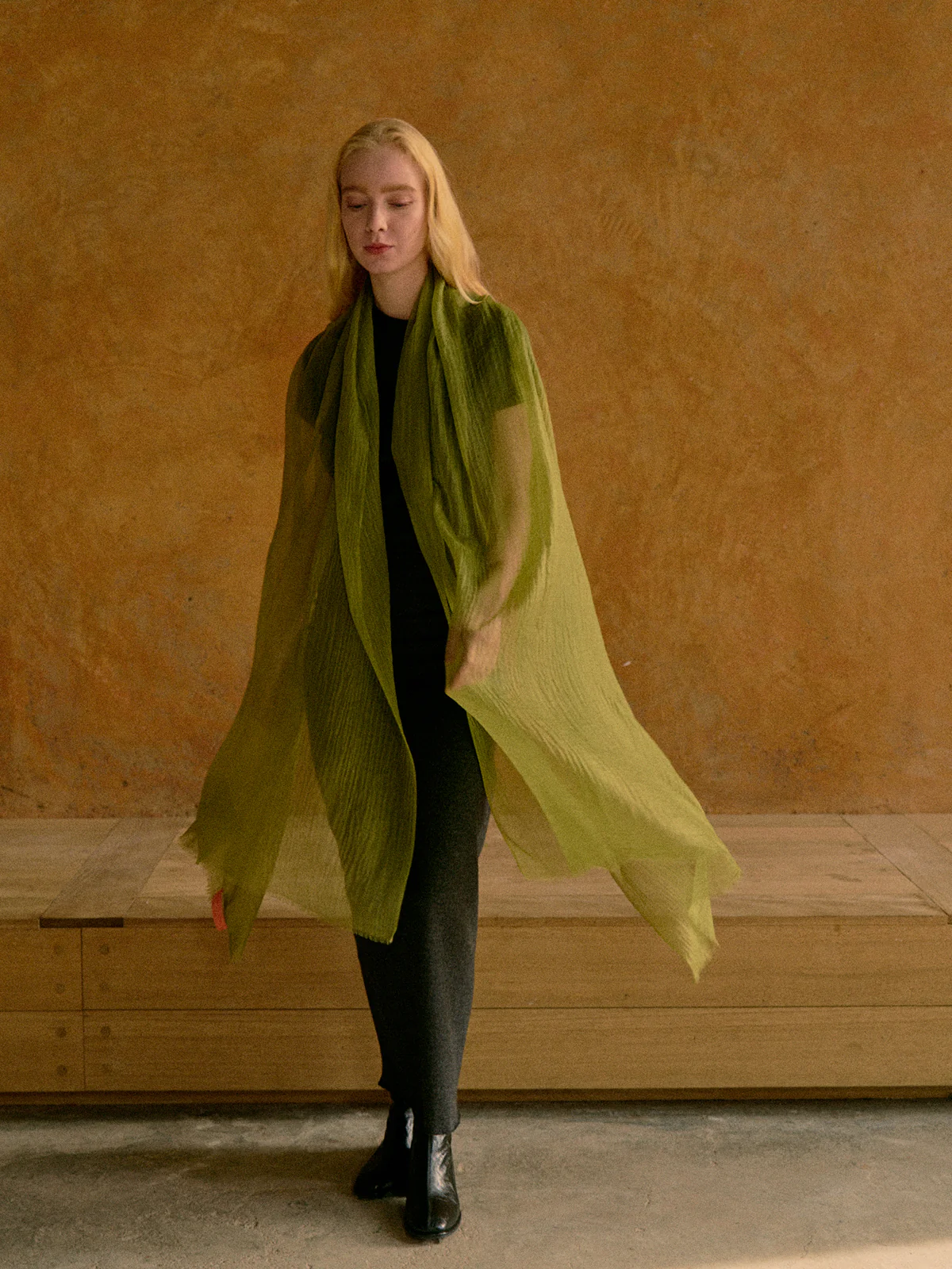 "Featherlight" Oversized Cashmere Scarf - Olive Green - Image 4