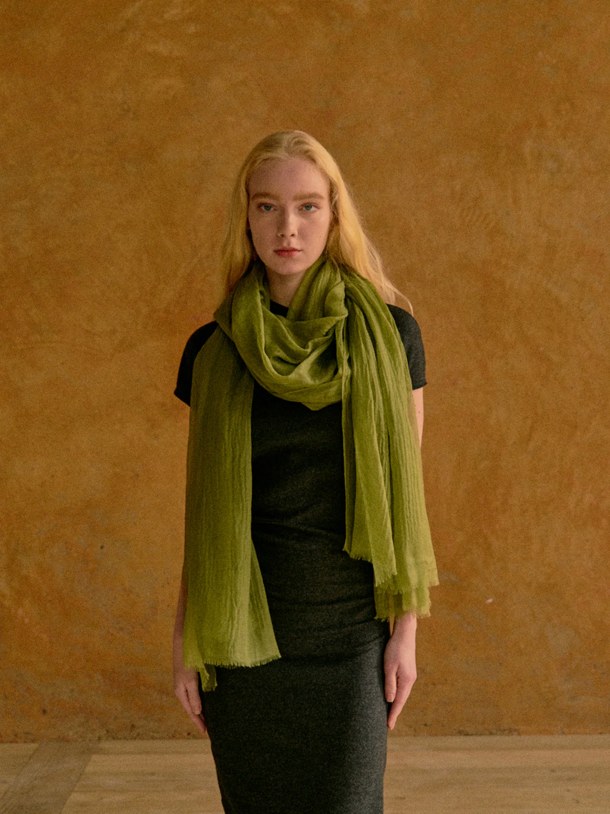 "Featherlight" Oversized Cashmere Scarf - Olive Green - Image 5