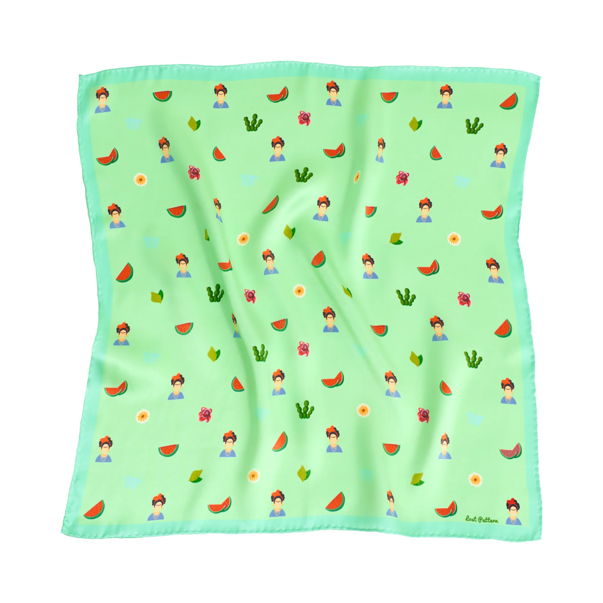 "Frida's Desert Bloom" Silk Bandana Scarf - Green - Image 5
