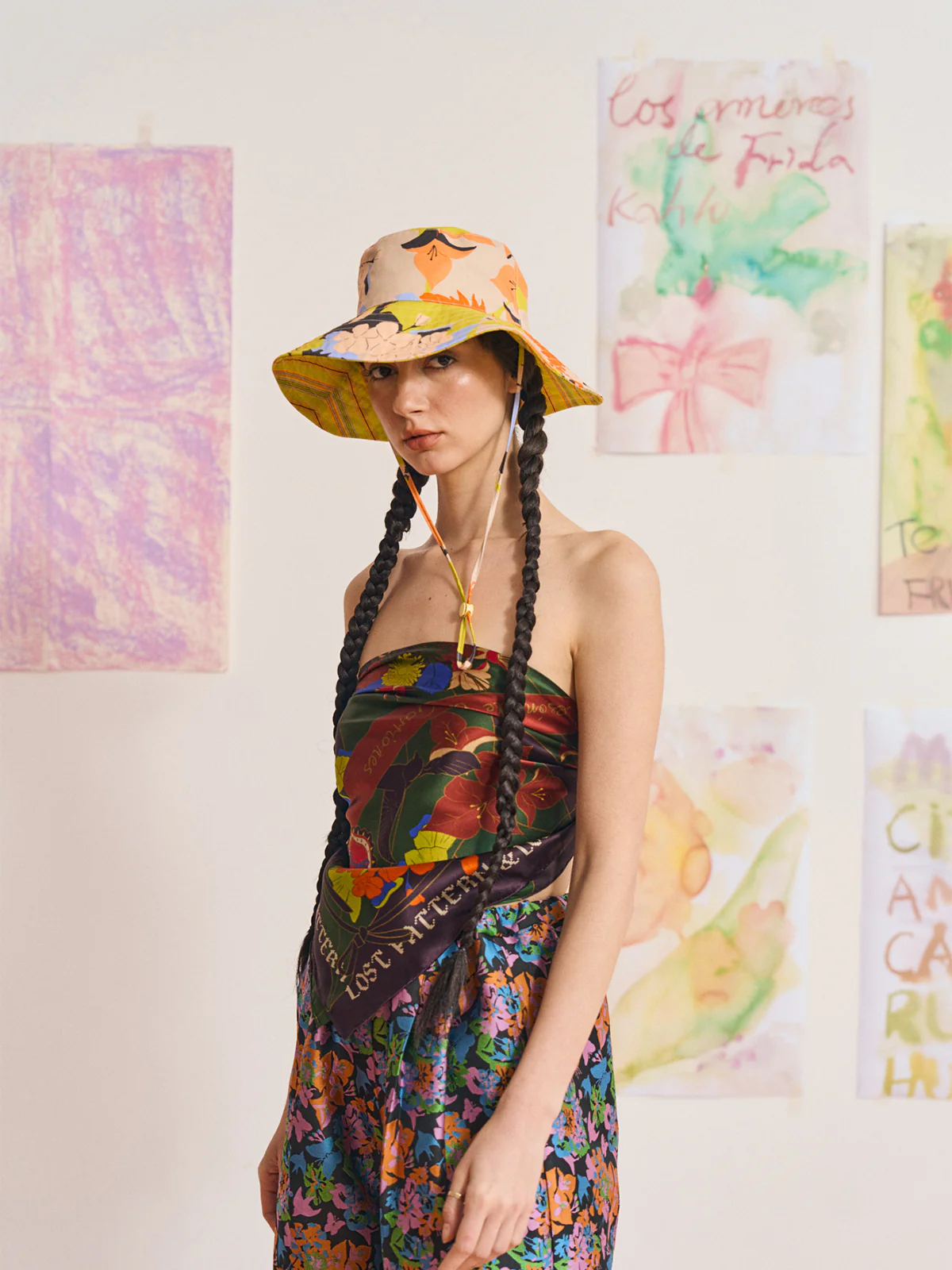 FRIDA x LOST PATTERN "Frida's Garden" Cotton Reversible Sun Hat - Purple & Yellow - Image 5