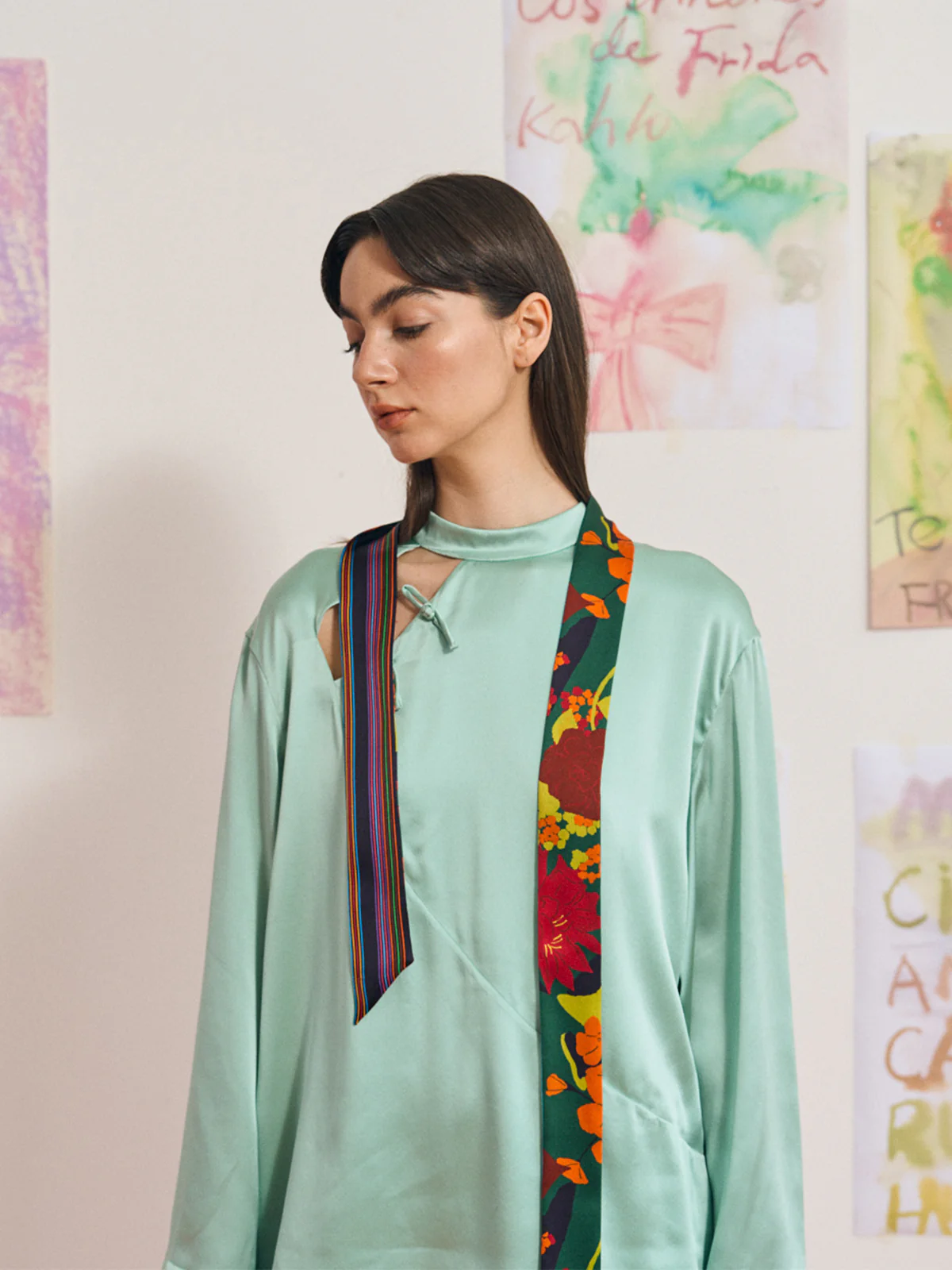 FRIDA x LOST PATTERN "Frida's Garden" Silk Skinny Scarf - Purple - Image 3