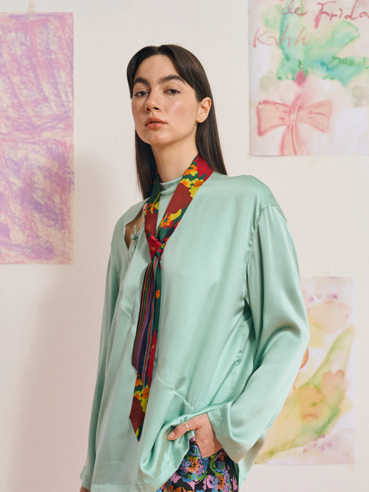 FRIDA x LOST PATTERN "Frida's Garden" Silk Skinny Scarf - Purple - Image 5