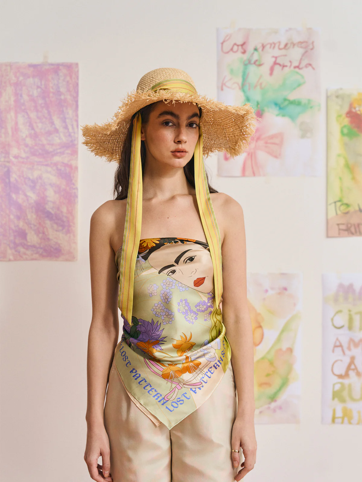 FRIDA x LOST PATTERN "Frida's Garden" Straw Hat with Ribbon Tie - Green - Image 3