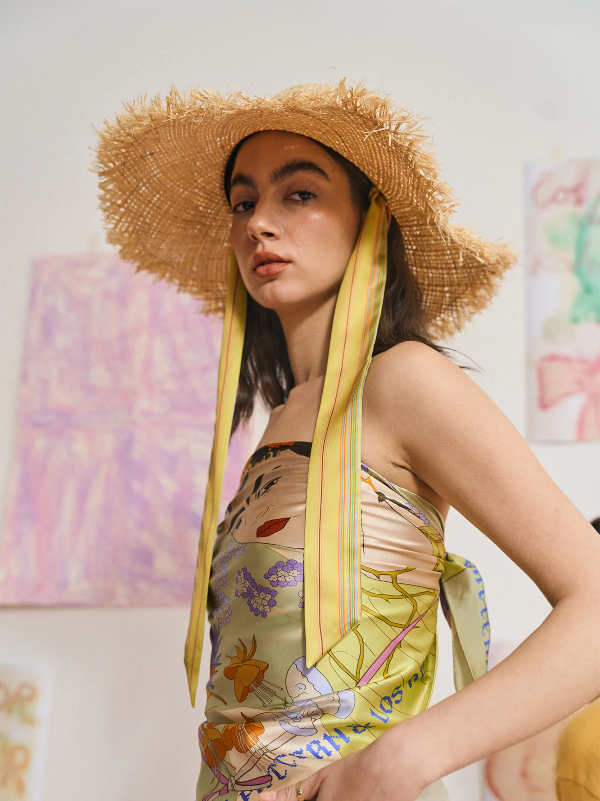FRIDA x LOST PATTERN "Frida's Garden" Straw Hat with Ribbon Tie - Green - Image 4