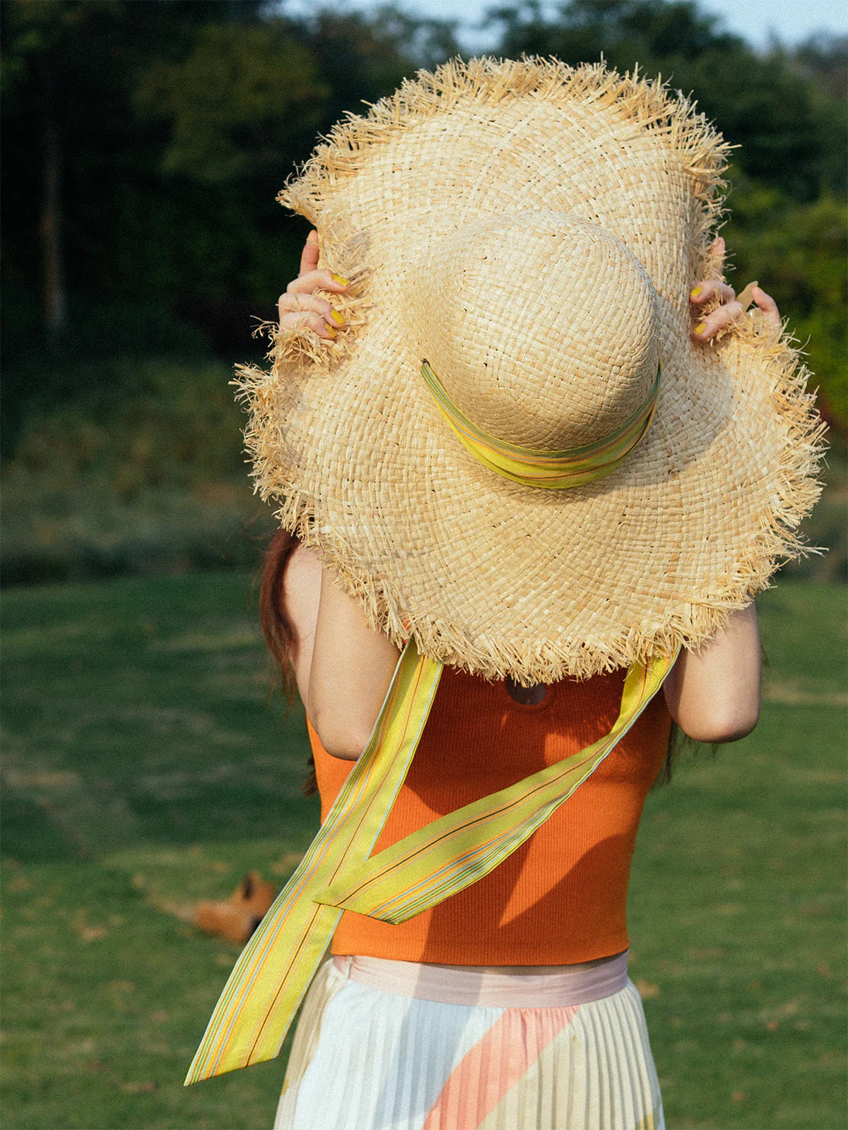 FRIDA x LOST PATTERN "Frida's Garden" Straw Hat with Ribbon Tie - Green - Image 6