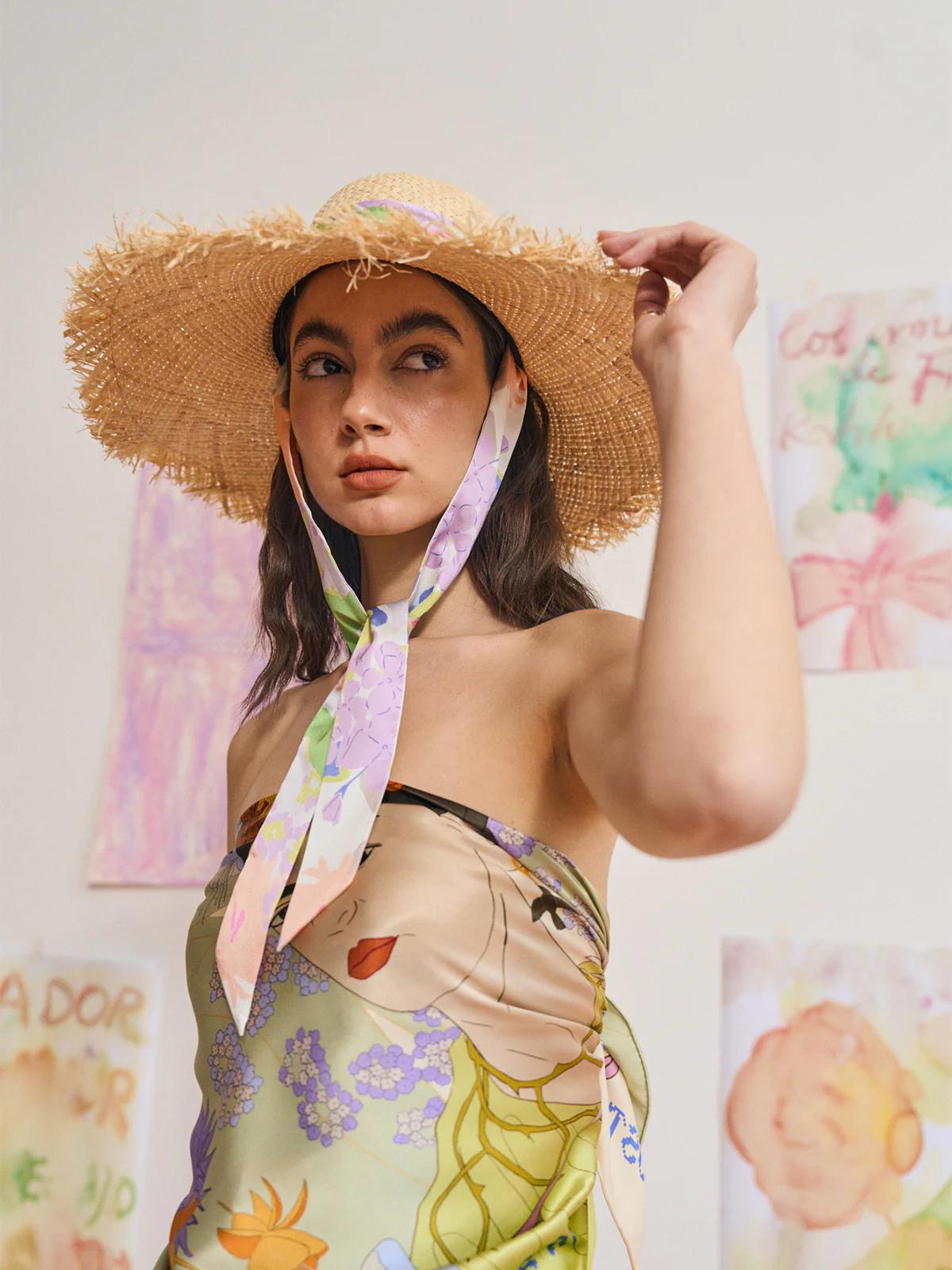 FRIDA x LOST PATTERN "Frida's Garden" Straw Hat with Ribbon Tie - Pink - Image 3