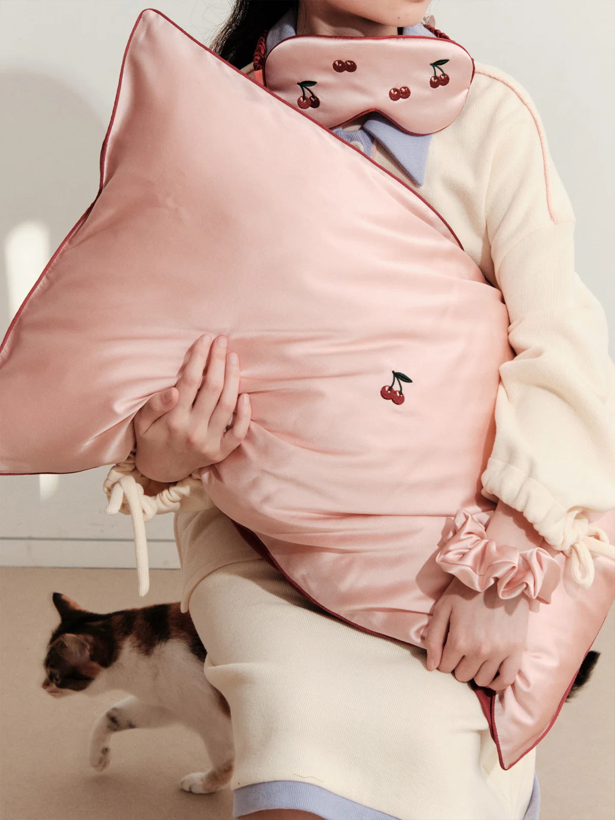 "Lost Cherries" 3 Piece Silk Gift Set - Silk Pillowcase & Silk Sleep Eye Mask & Silk Scrunchie - Image 3