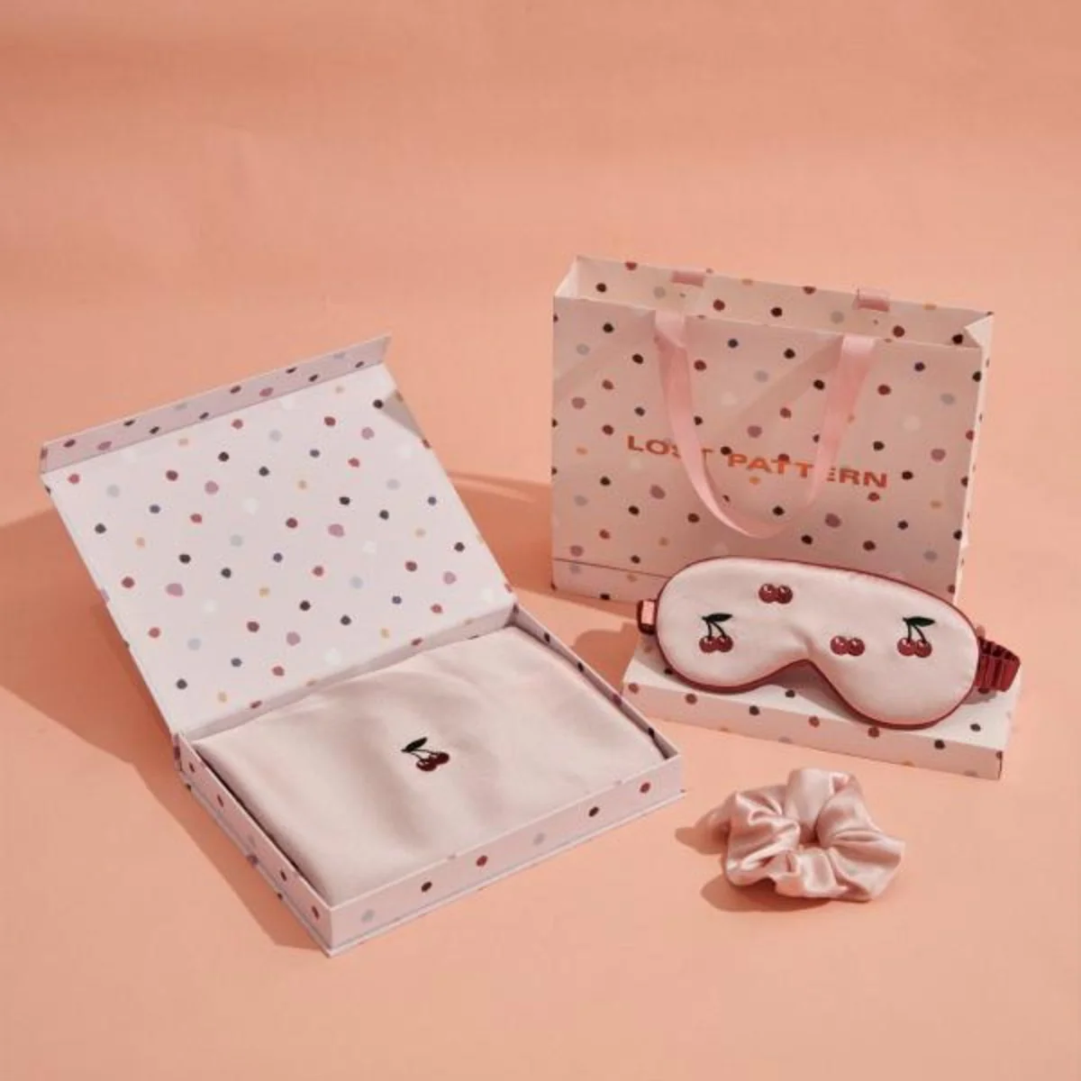 "Lost Cherries" 3 Piece Silk Gift Set - Silk Pillowcase & Silk Sleep Eye Mask & Silk Scrunchie - Image 5