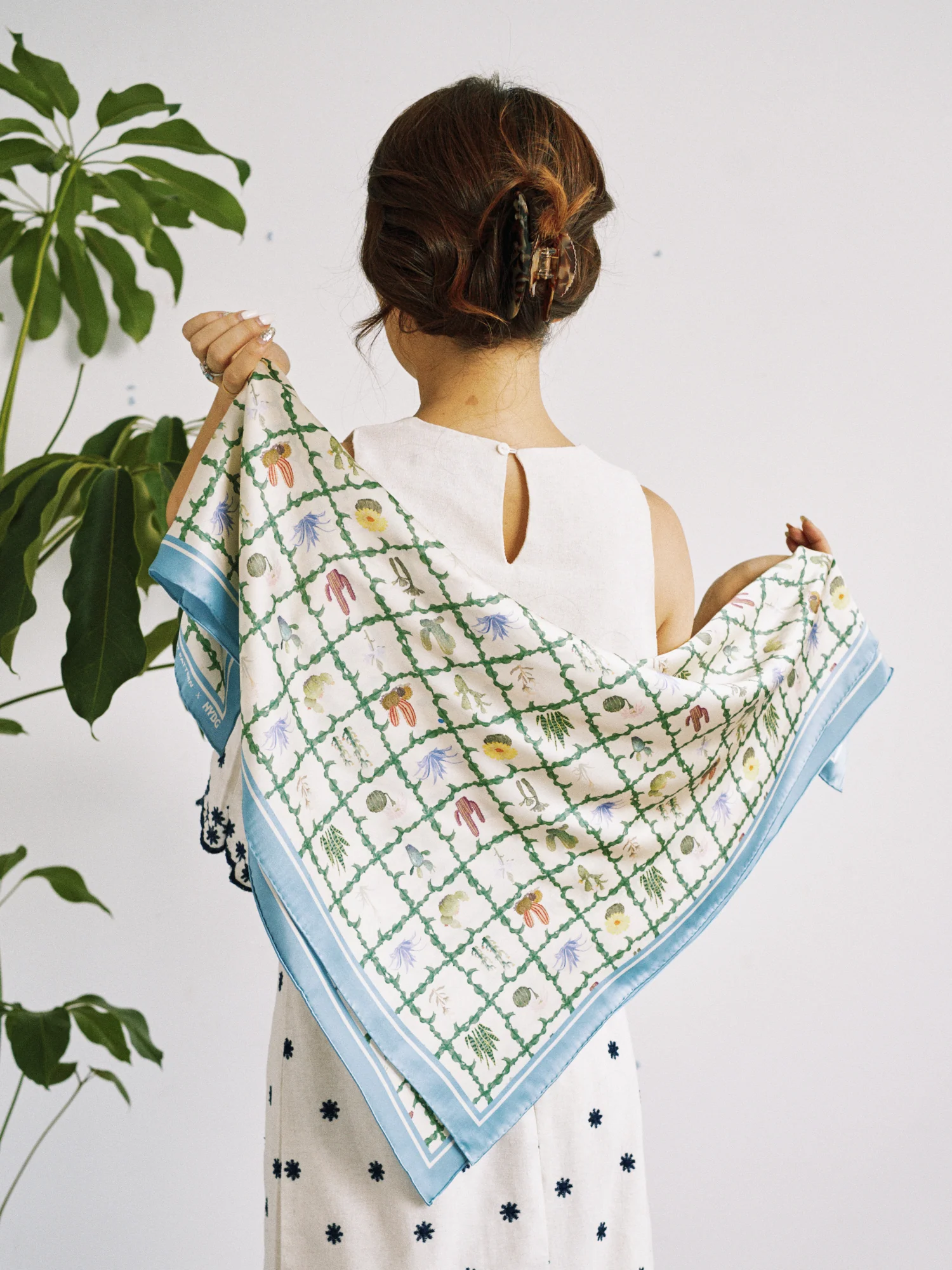 Lost Pattern x NYBG "Oasis Charms" Large Silk Scarf  - Blue - Image 3