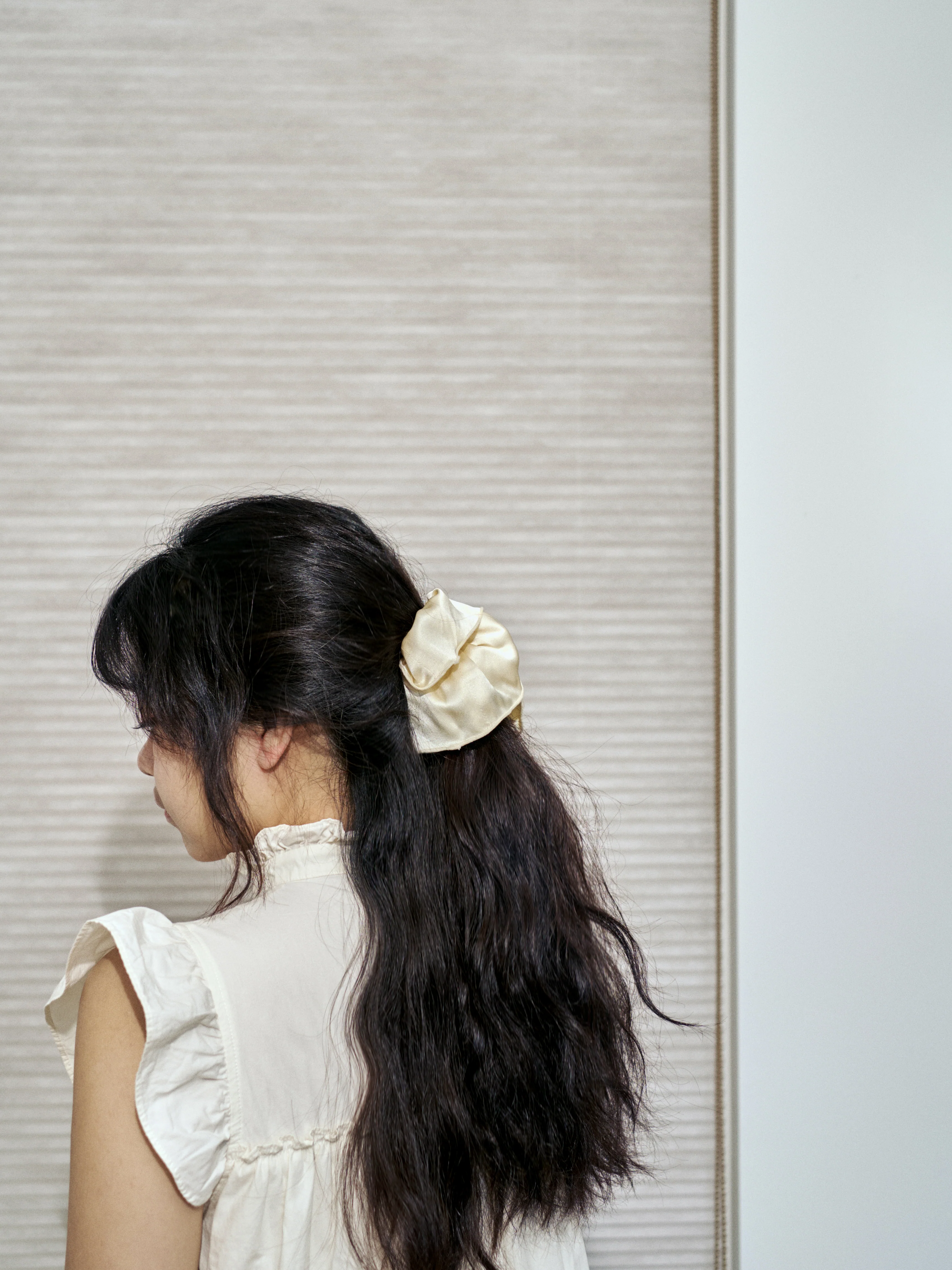 "Maxi Flower" Double-Layer Oversized Silk Scrunchie - Cream - Image 4