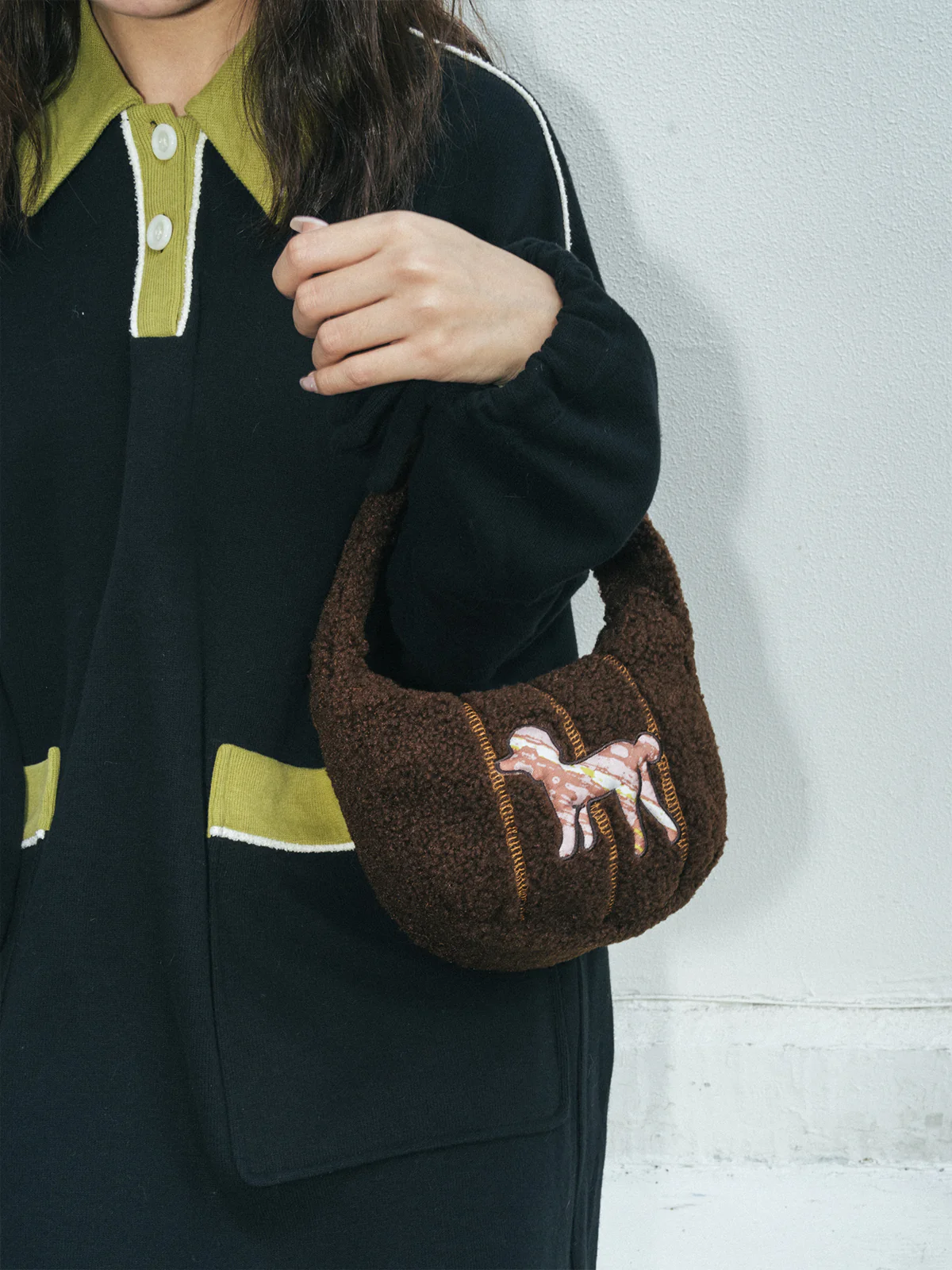"Pan Pan" Half Moon Shearling Bag - Chocolate - Image 3