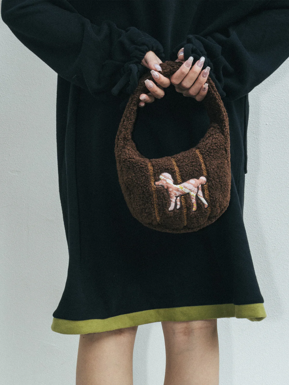 "Pan Pan" Half Moon Shearling Bag - Chocolate - Image 5