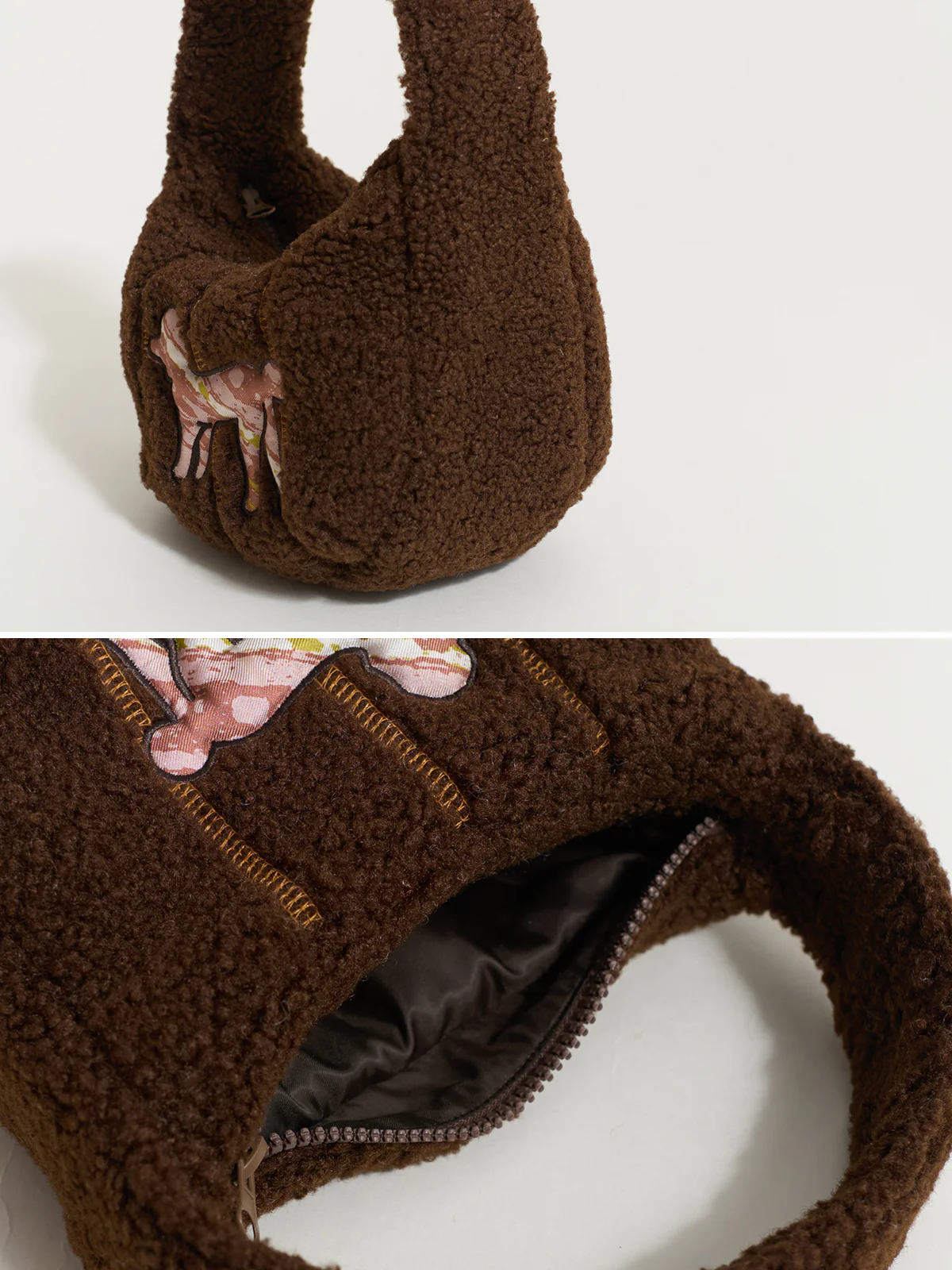 "Pan Pan" Half Moon Shearling Bag - Chocolate - Image 6