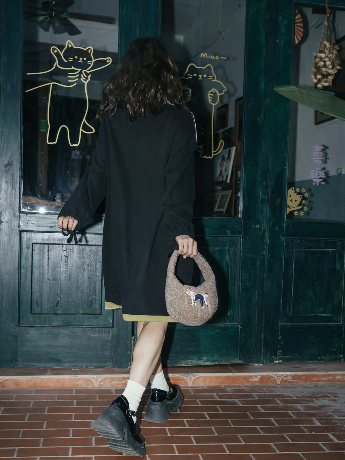 "Pan Pan" Half Moon Shearling Bag - Taupe - Image 4