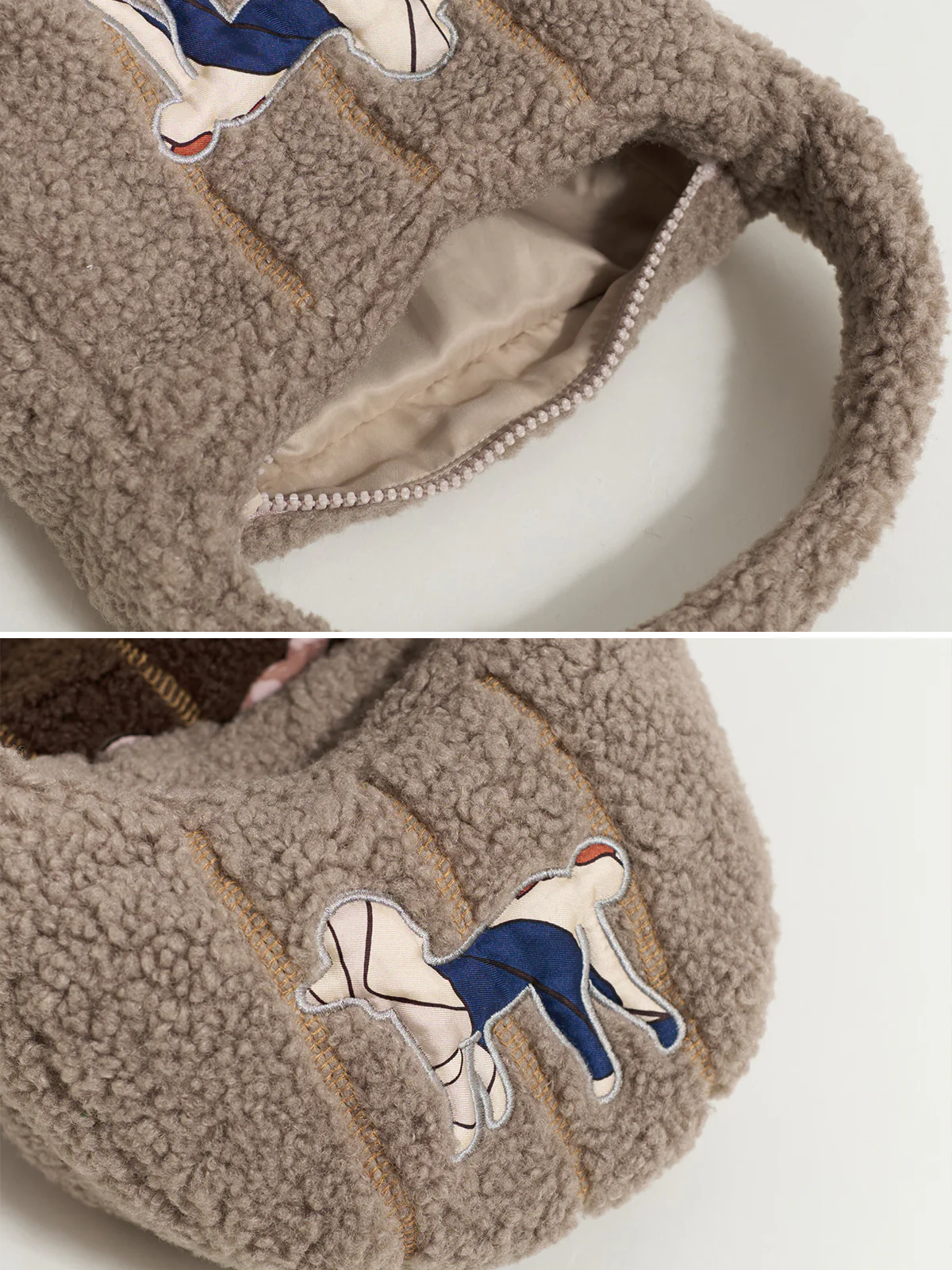 "Pan Pan" Half Moon Shearling Bag - Taupe - Image 5