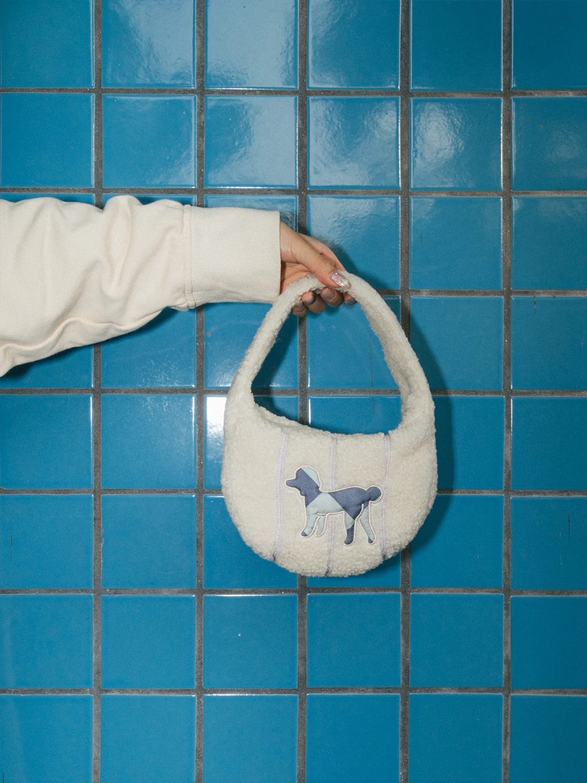 "Pan Pan" Half Moon Shearling Bag - White - Image 4