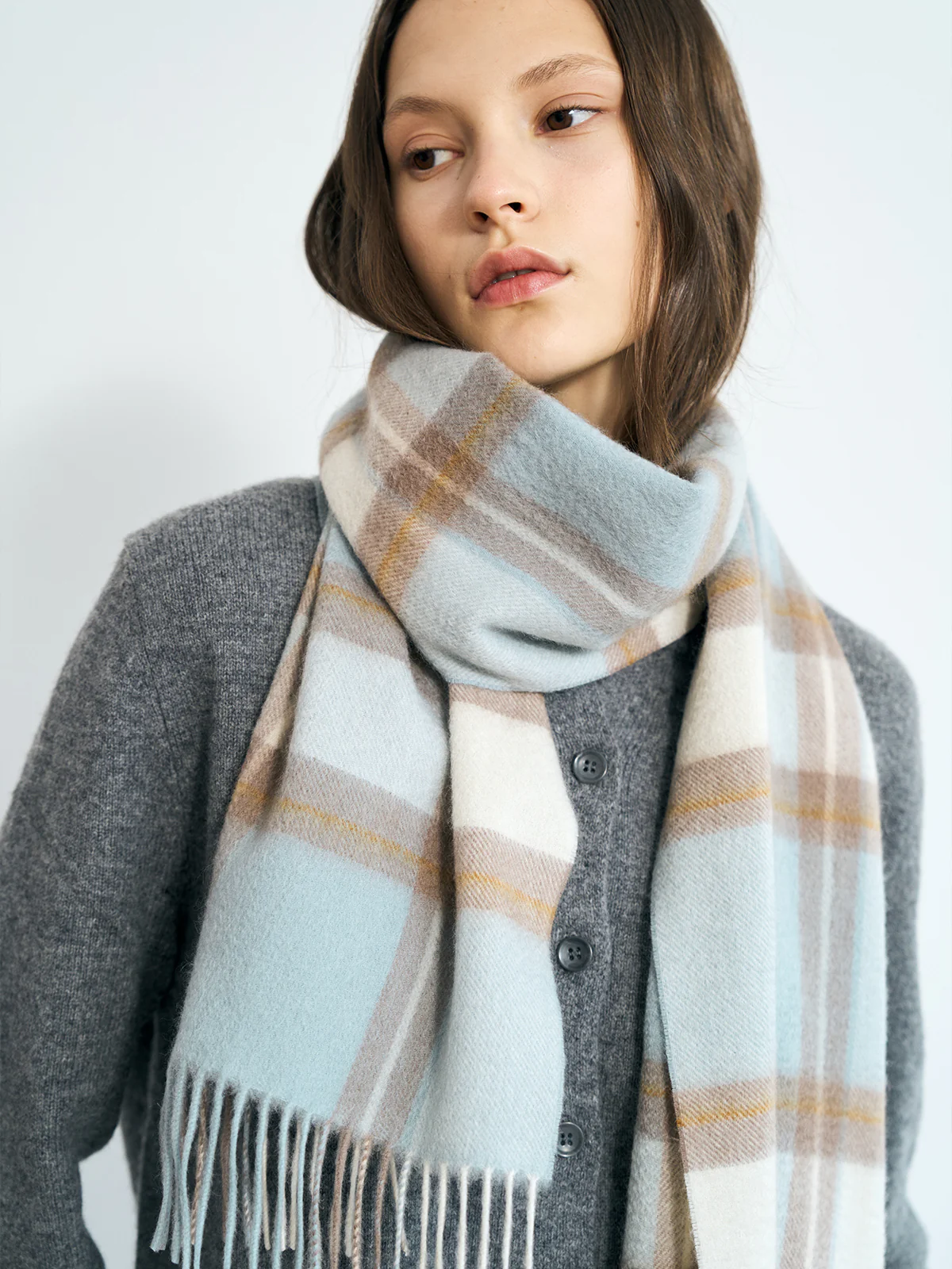 "Plaid" Cashmere Scarf - Blue - Image 3