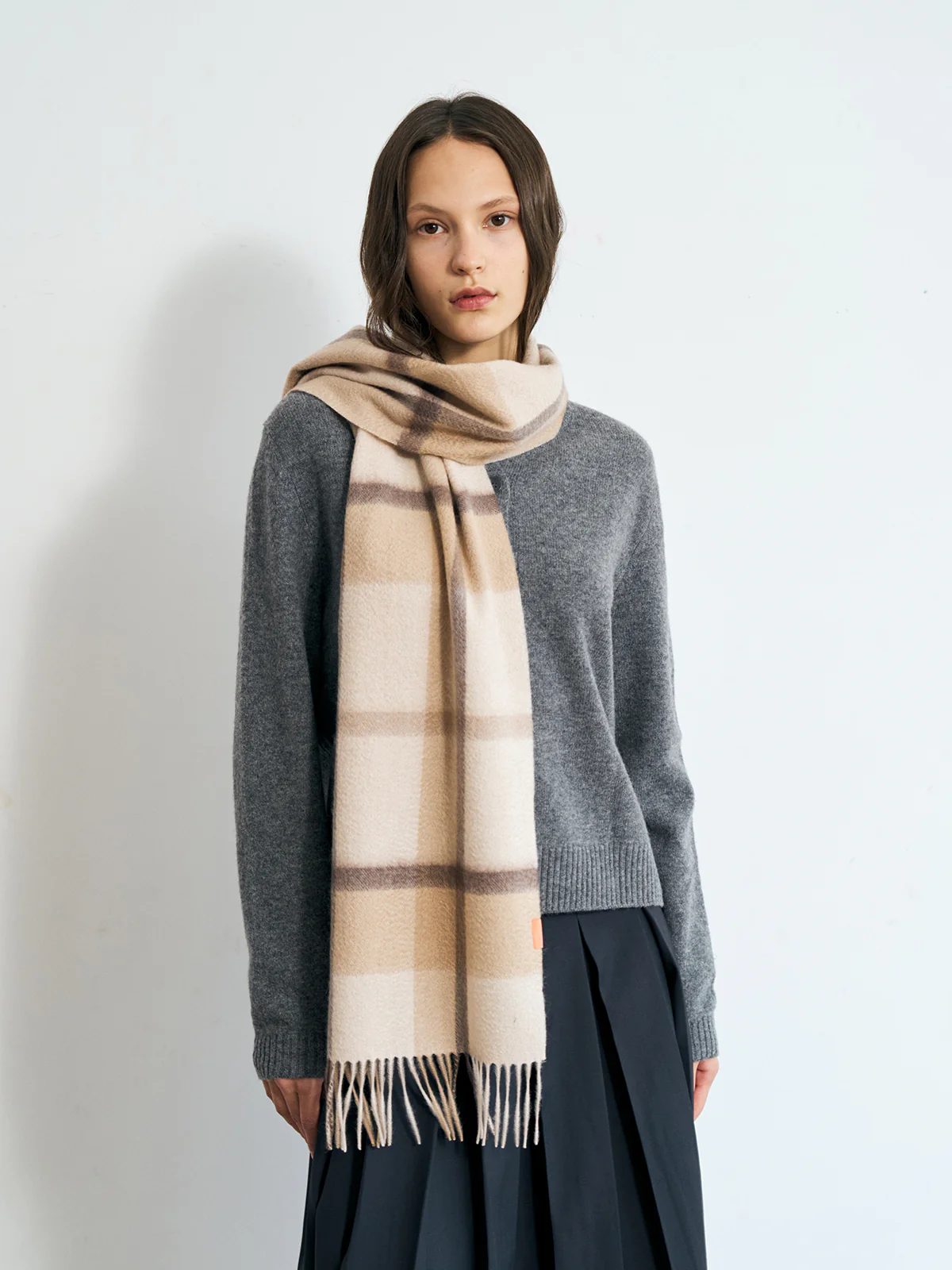 "Plaid" Cashmere Scarf - Coffee Cream - Image 3
