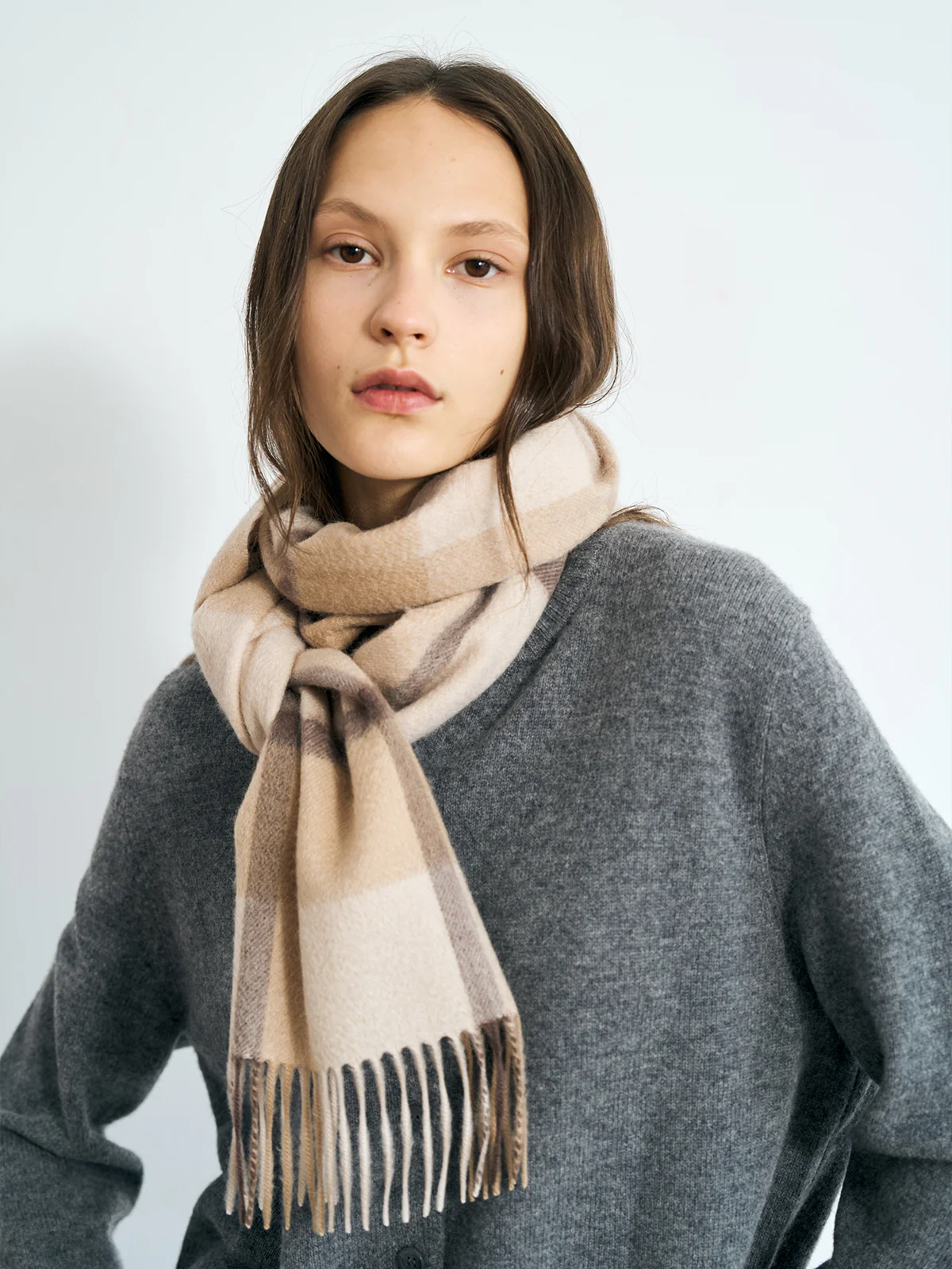 "Plaid" Cashmere Scarf - Coffee Cream - Image 5