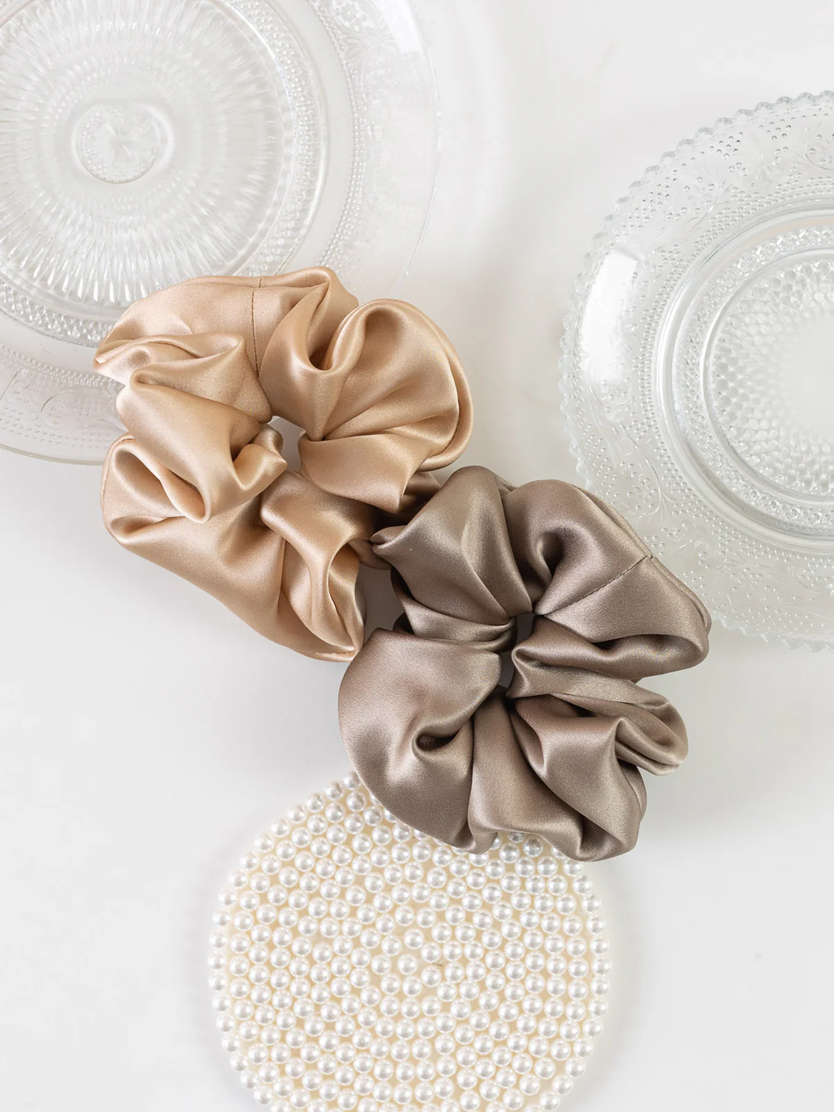 "Silken Hair" Silk Scrunchie Hair Tie - Metallic Taupe - Image 3