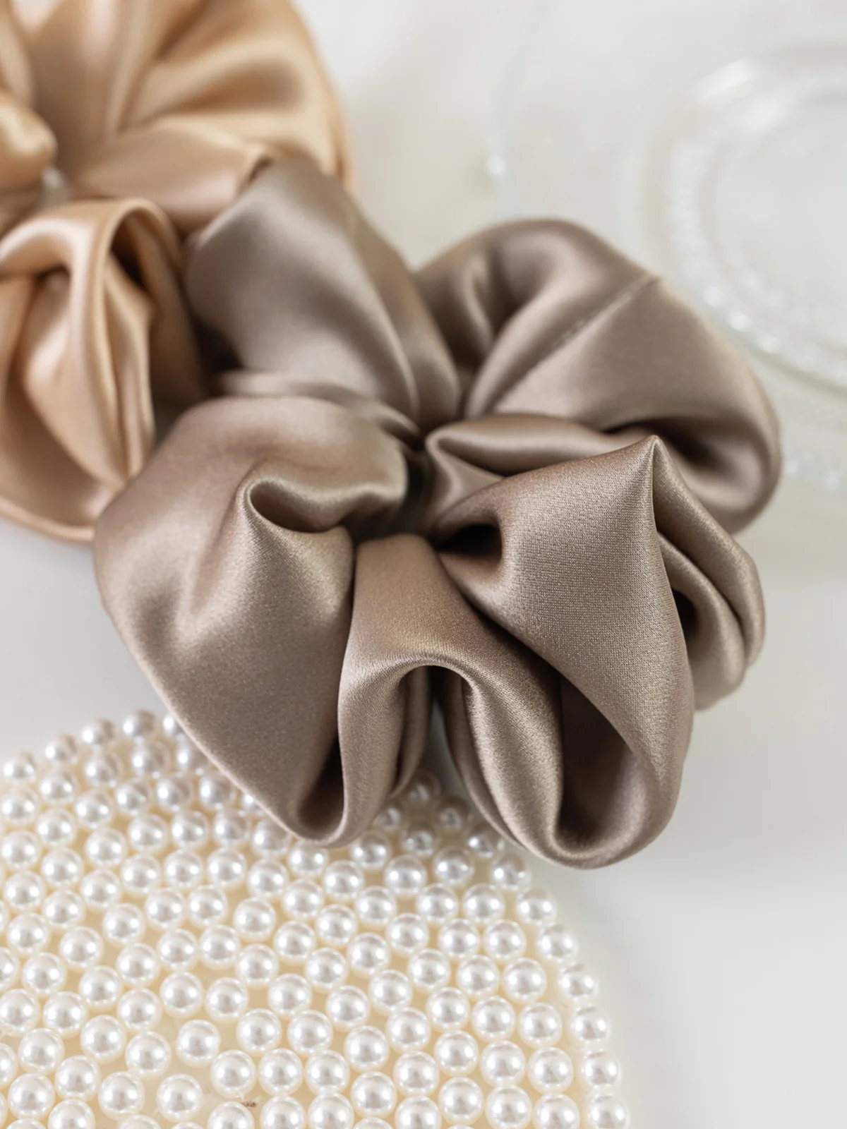 "Silken Hair" Silk Scrunchie Hair Tie - Metallic Taupe - Image 5