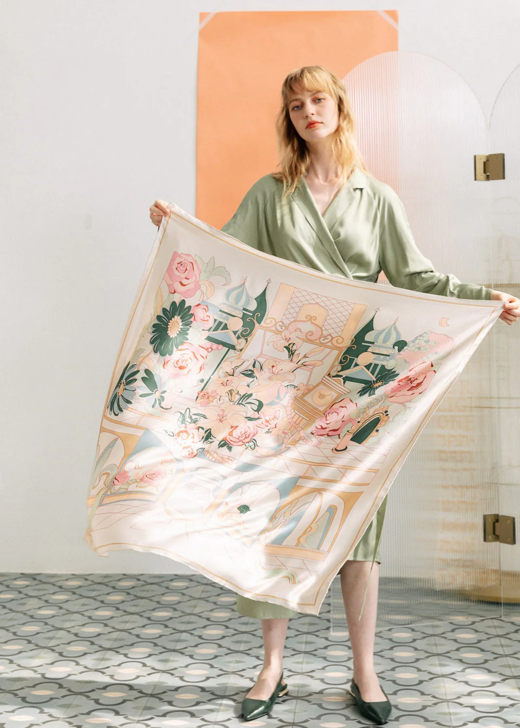 "Vintage Blooms" Large Silk Square Scarf - Champagne - Image 3