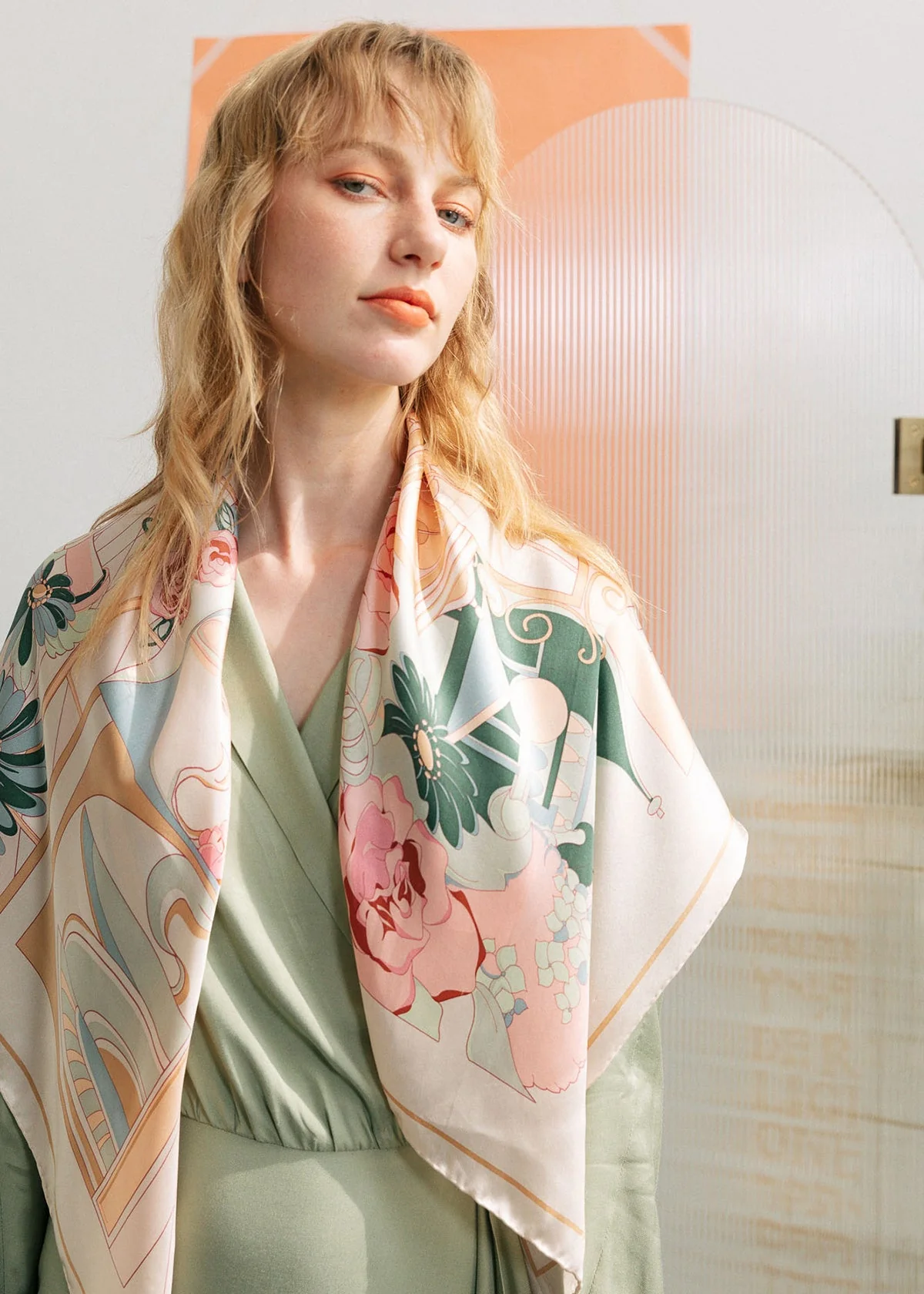 "Vintage Blooms" Large Silk Square Scarf - Champagne - Image 4