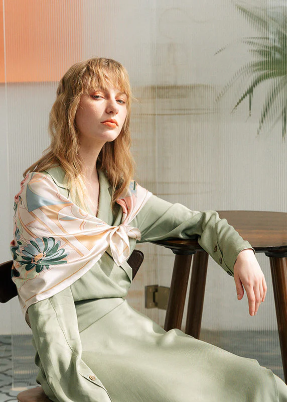 "Vintage Blooms" Large Silk Square Scarf - Champagne - Image 6